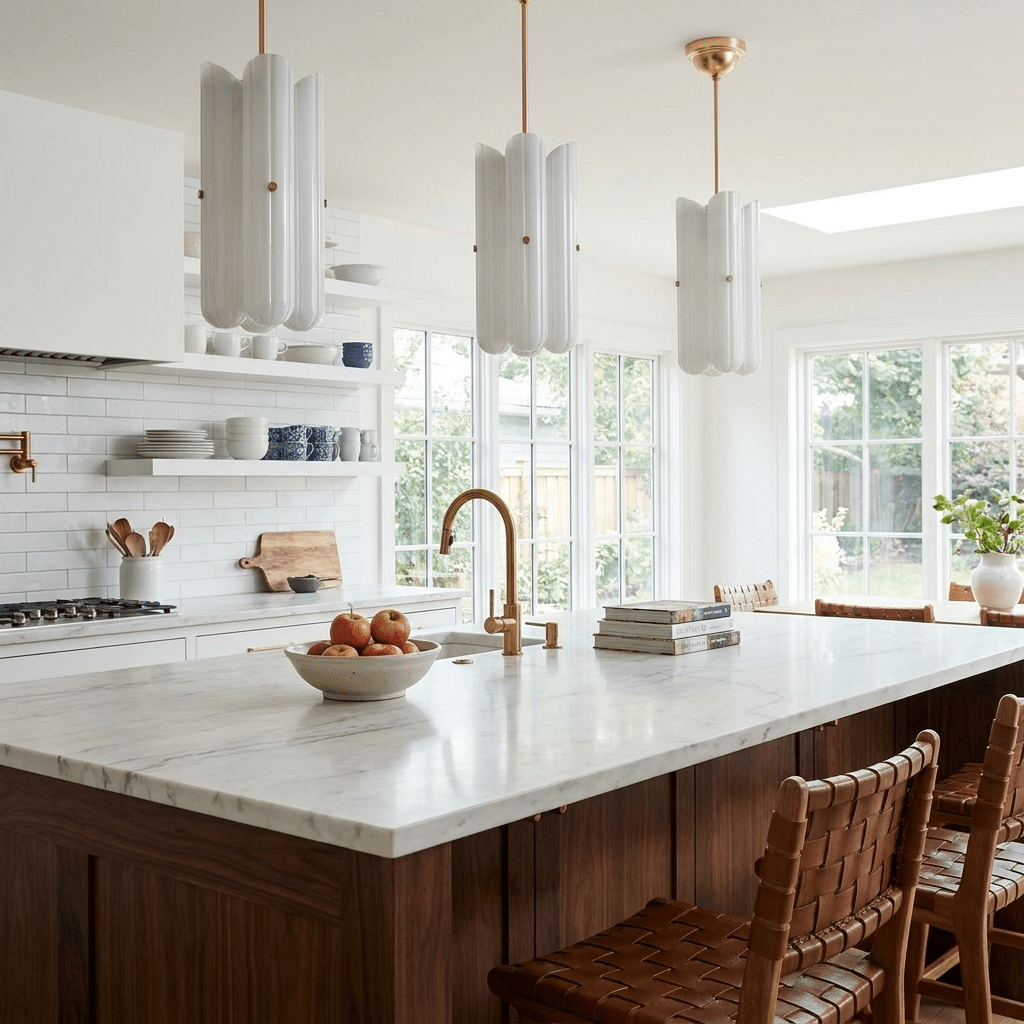 Tall Fluted Glass LED Pendant Light in Brass Black or Nickel for Island