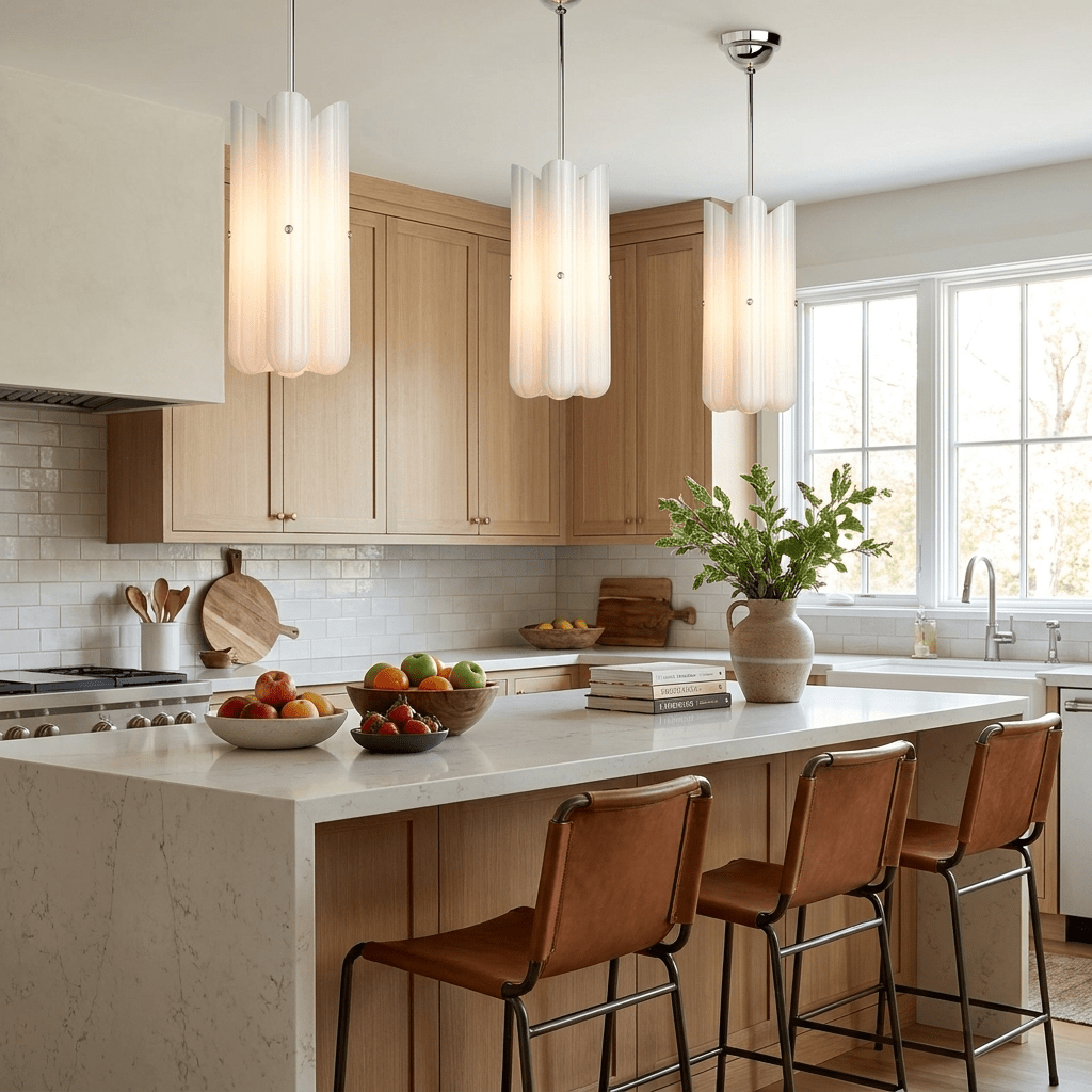 Tall Fluted Glass LED Pendant Light in Brass Black or Nickel for Island