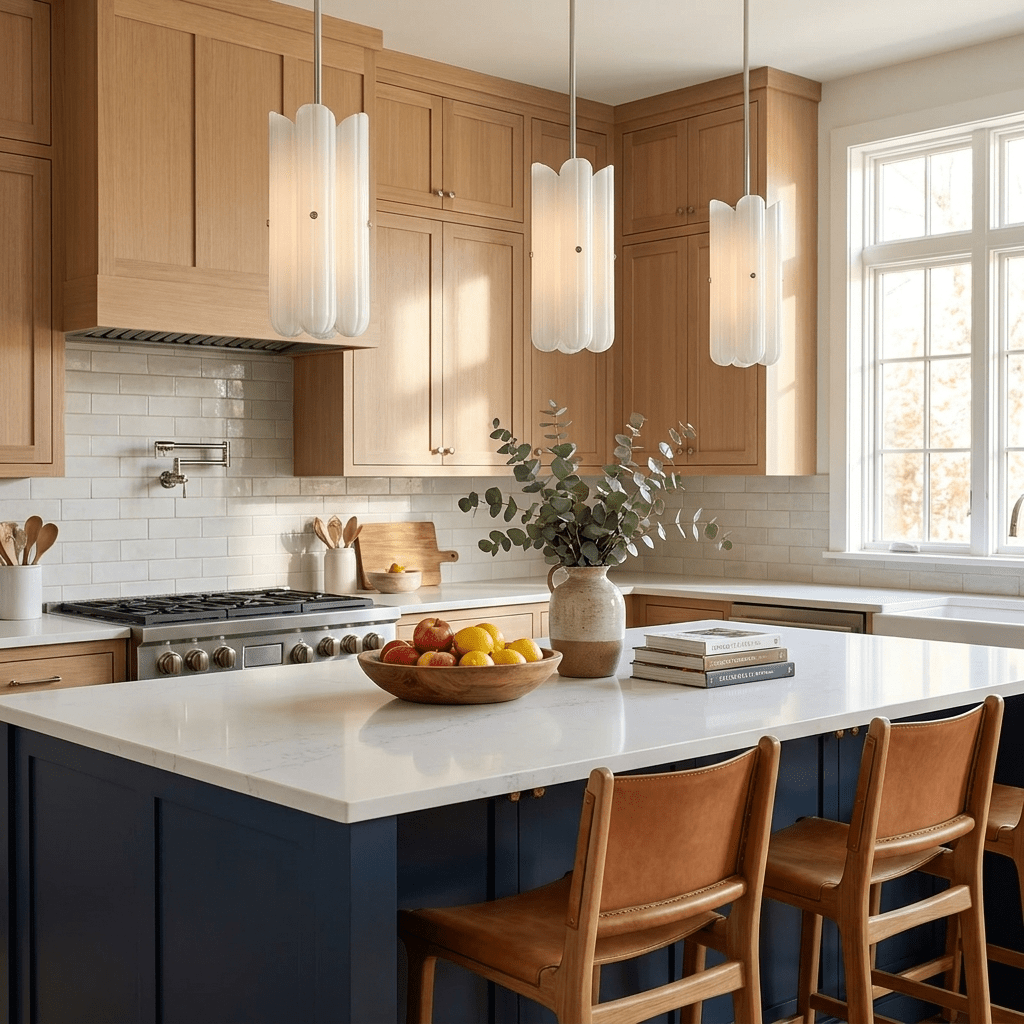 Tall Fluted Glass LED Pendant Light in Brass Black or Nickel for Island