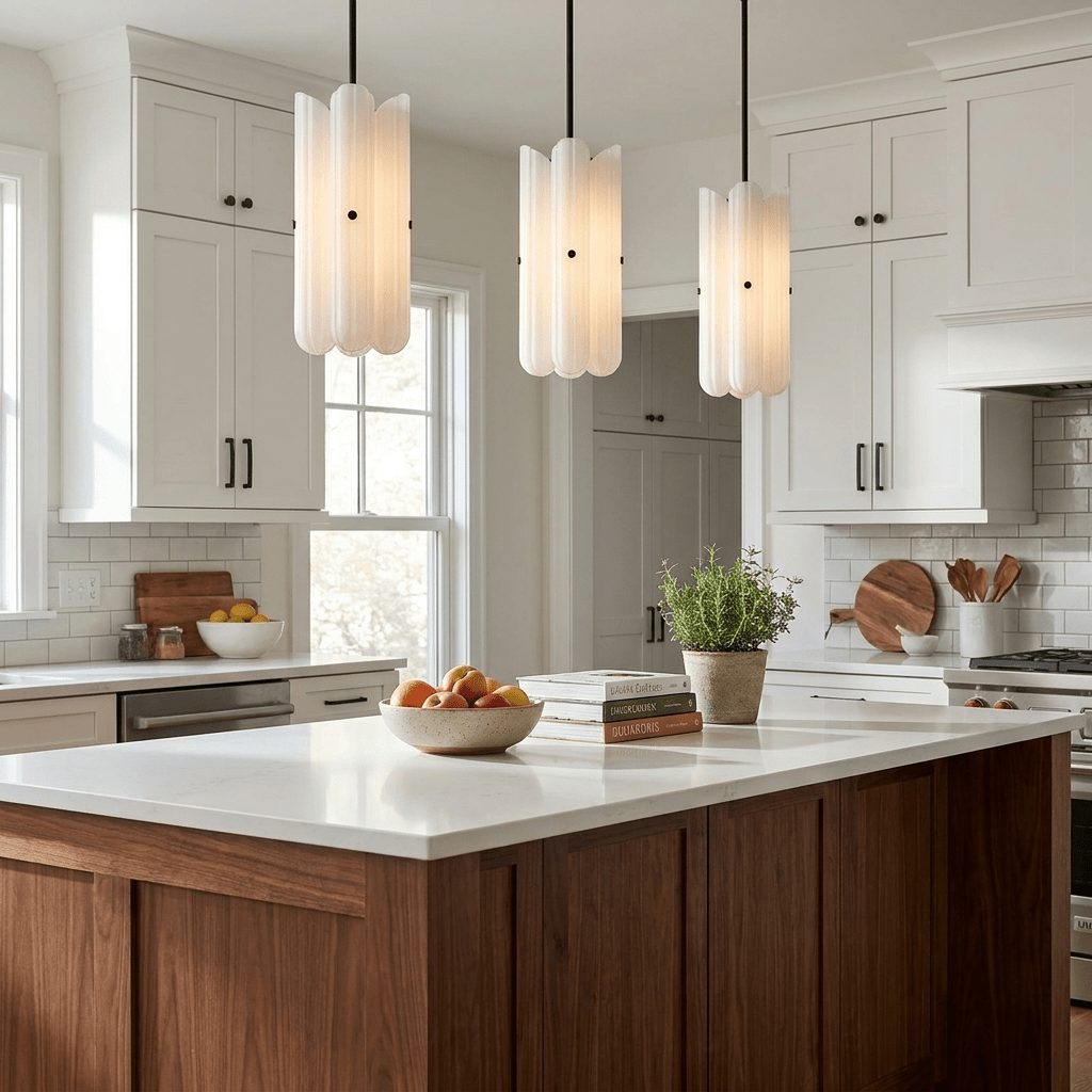 Tall Fluted Glass LED Pendant Light in Brass Black or Nickel for Island