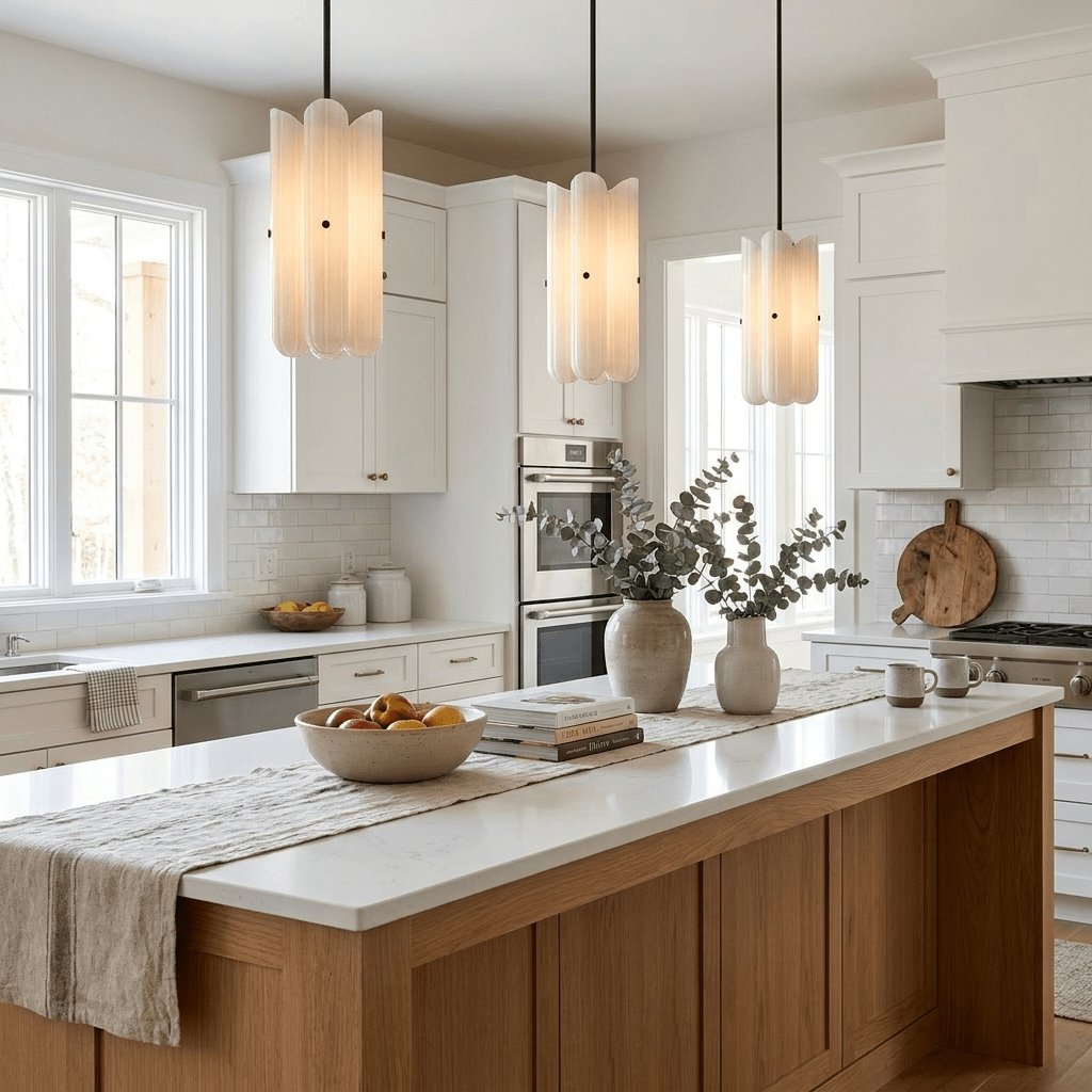 Tall Fluted Glass LED Pendant Light in Brass Black or Nickel for Island