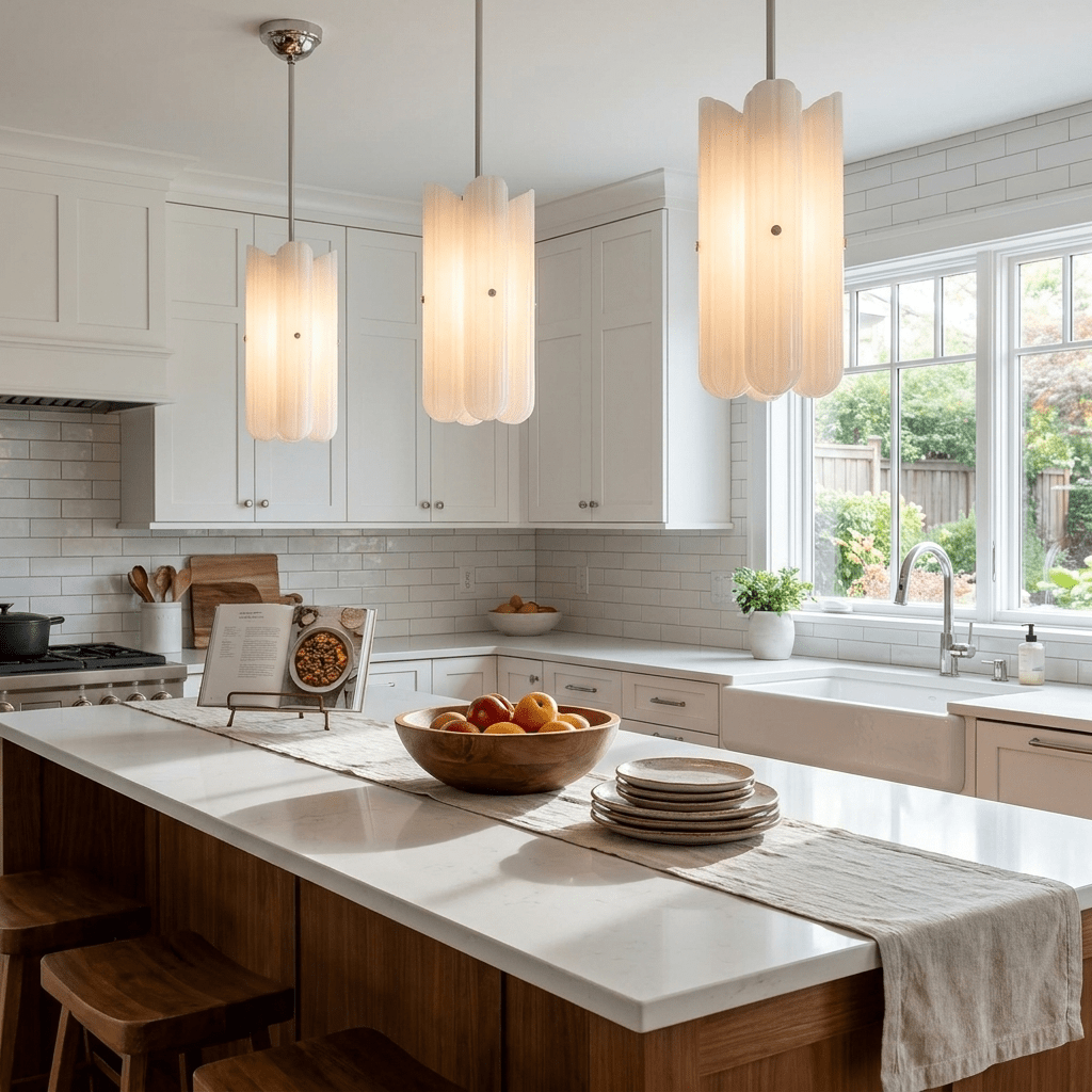 Tall Fluted Glass LED Pendant Light in Brass Black or Nickel for Island