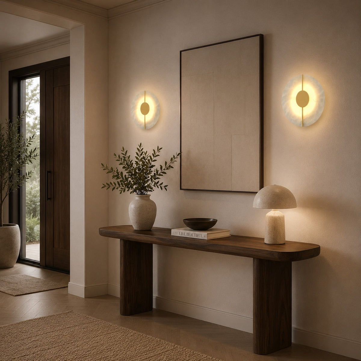 Marble Accent Round Metal Wall Light LED Minimalist Indoor Sconce Gold or Black