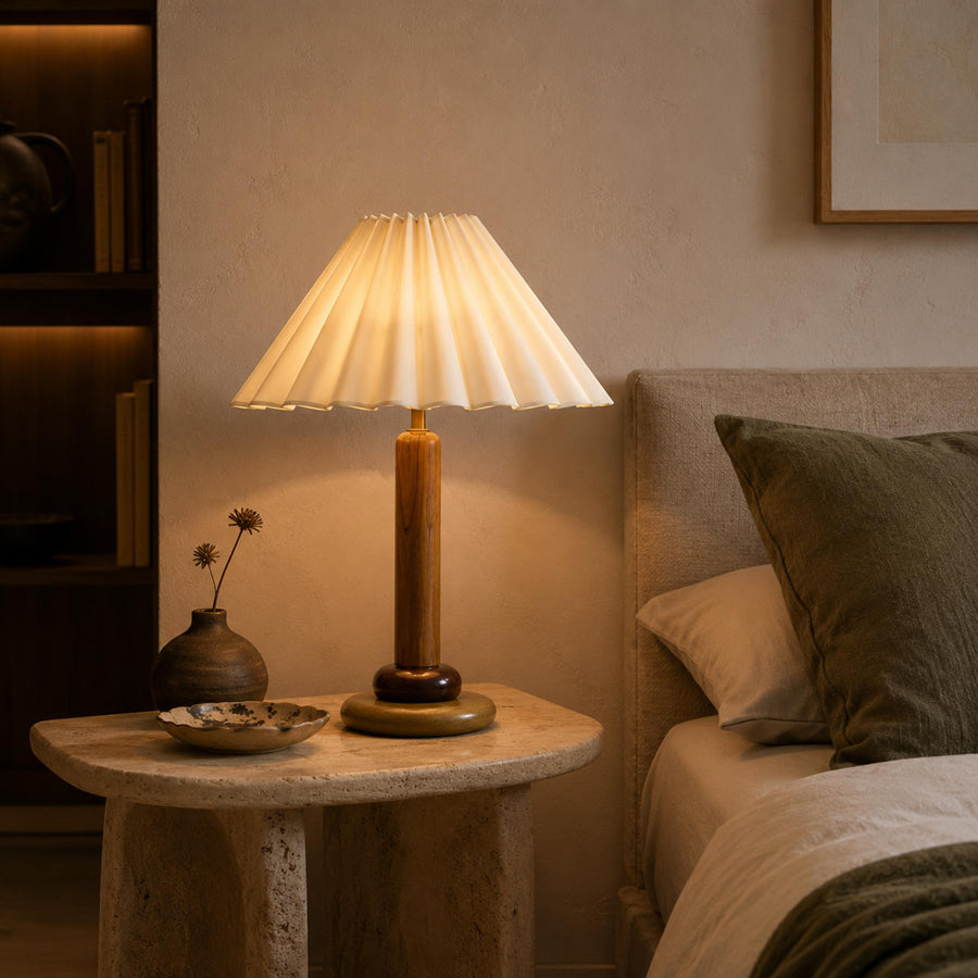 Pleated Fabric Shade Table Lamp with Cylindrical Wood Base E27 Bedside Lamp