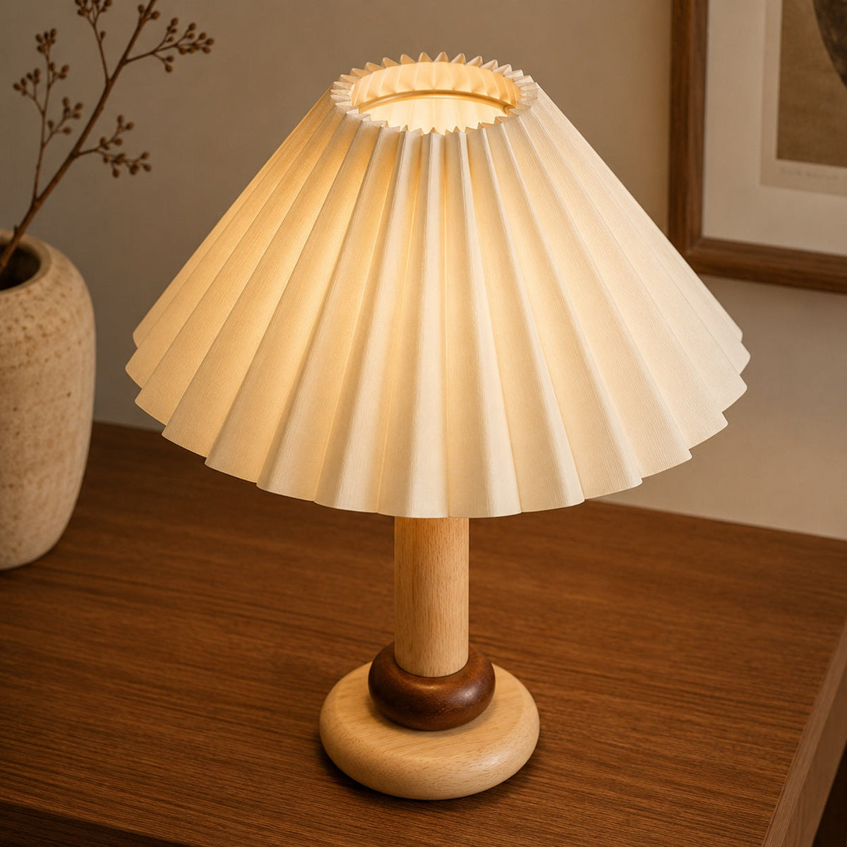 Pleated Fabric Shade Table Lamp with Cylindrical Wood Base E27 Bedside Lamp