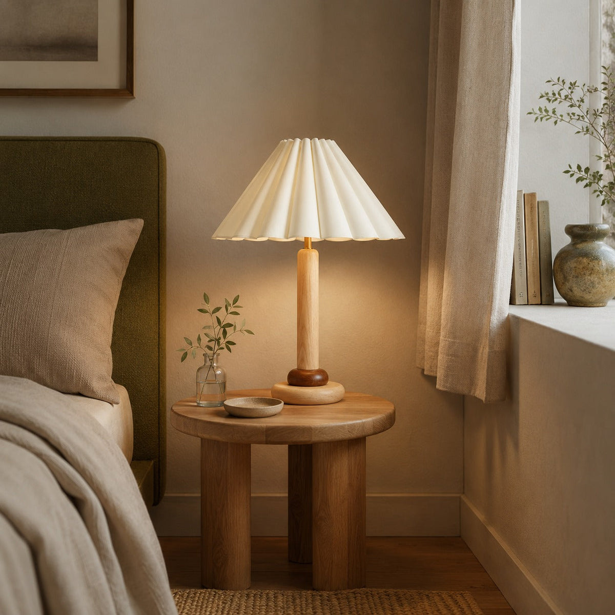 Pleated Fabric Shade Table Lamp with Cylindrical Wood Base E27 Bedside Lamp