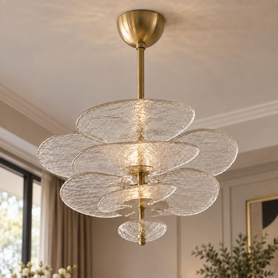 Layered Glass Leaf Chandelier in Copper with Clear Amber Pink or Green Glass