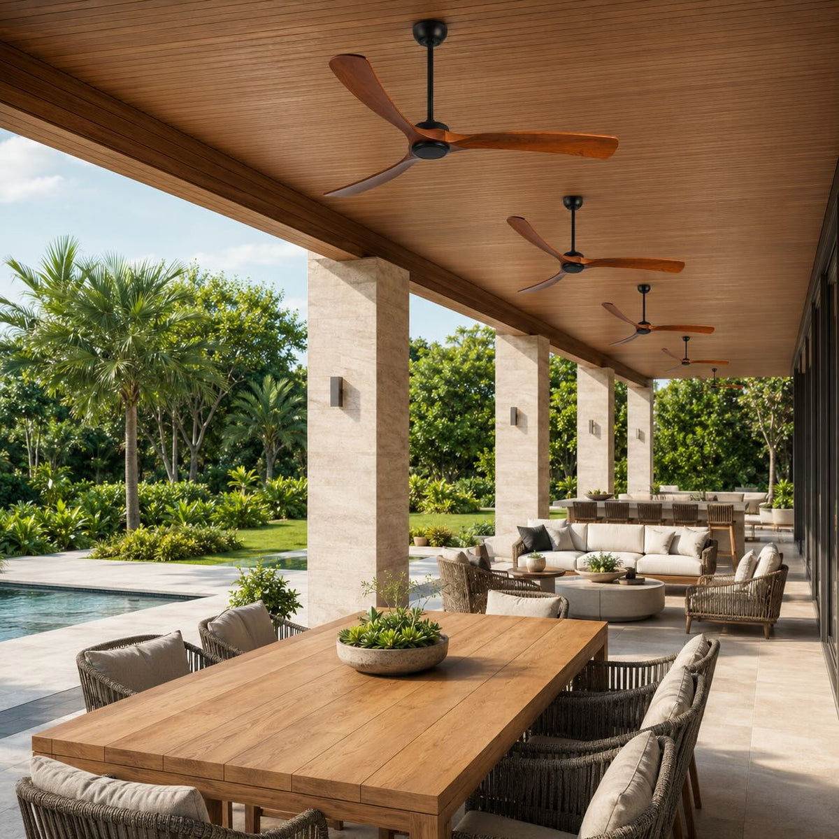Walnut Wood Blade Outdoor Ceiling Fan IP65 Waterproof 6 Speed 105 to 152 cm