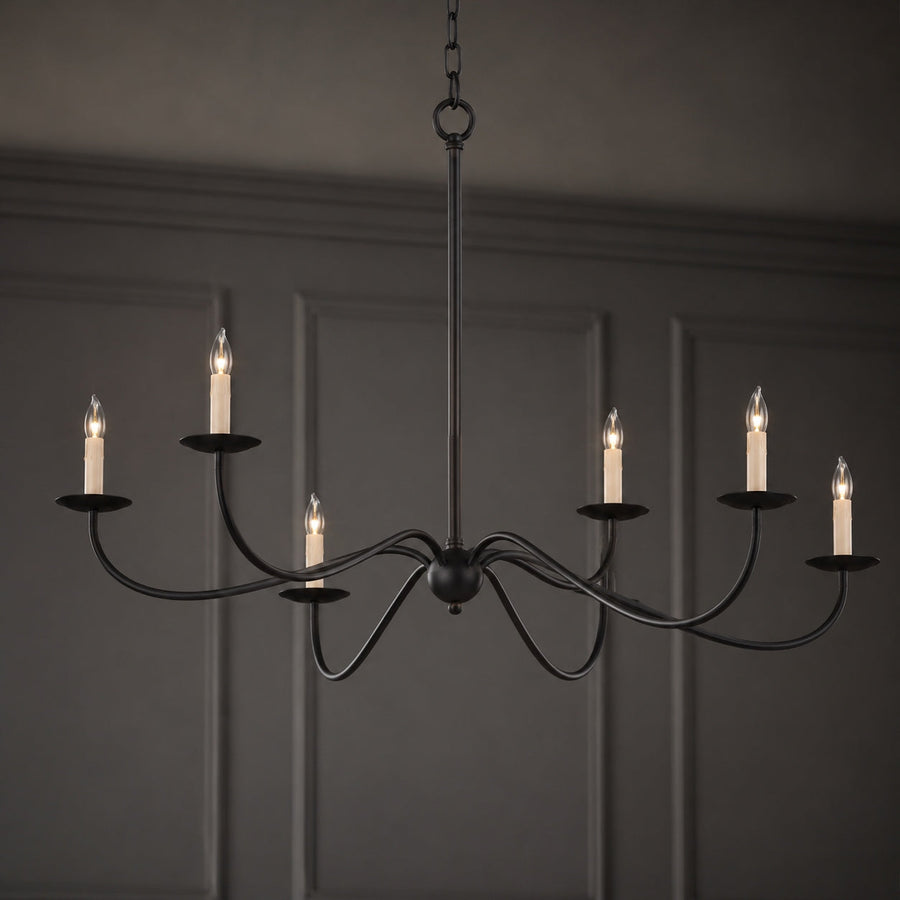 Curved Arm Six Light Chandelier 160 cm Black Brass or Nickel for Dining Room