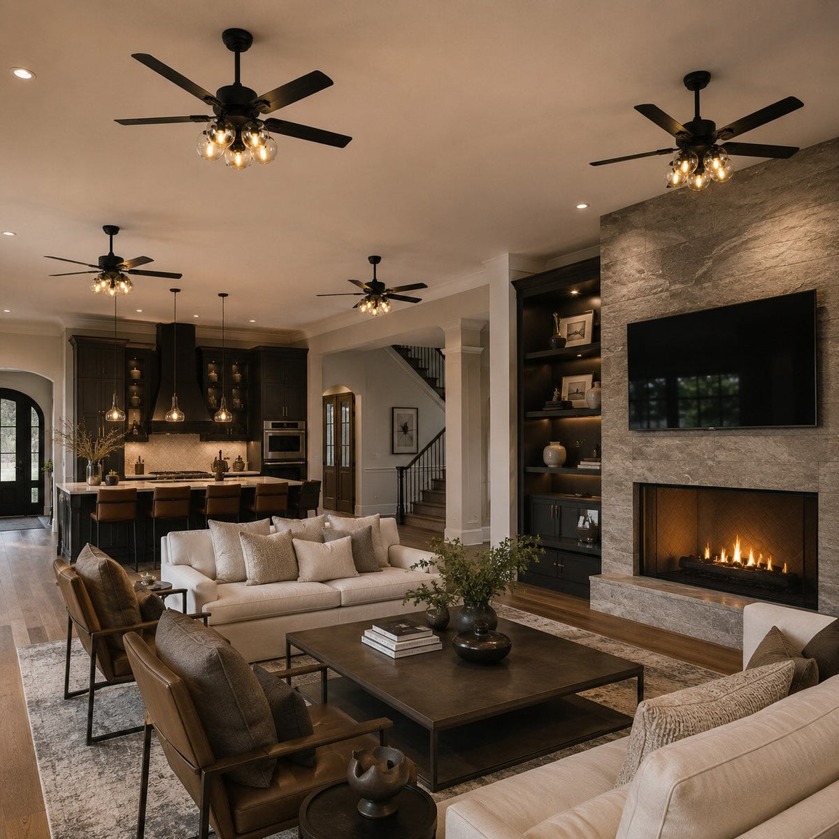 Industrial Black Metal Ceiling Fan with LED Light 3-Speed in Three Sizes