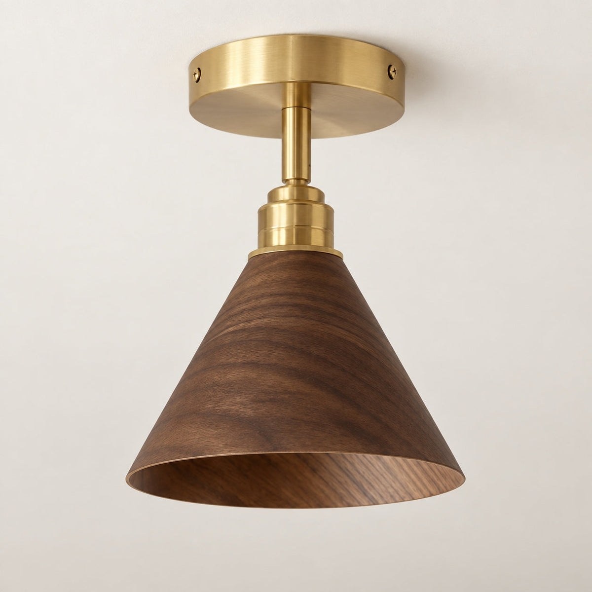 Walnut Wood Cone Semi-Flush Ceiling Light with Brushed Brass E27 for Hallway