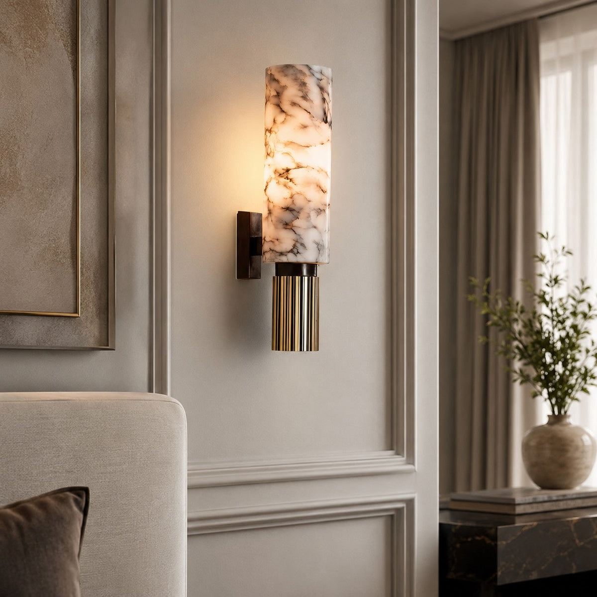 Alabaster Cylinder Wall Sconce Fluted Copper Base Natural Stone Totem Light