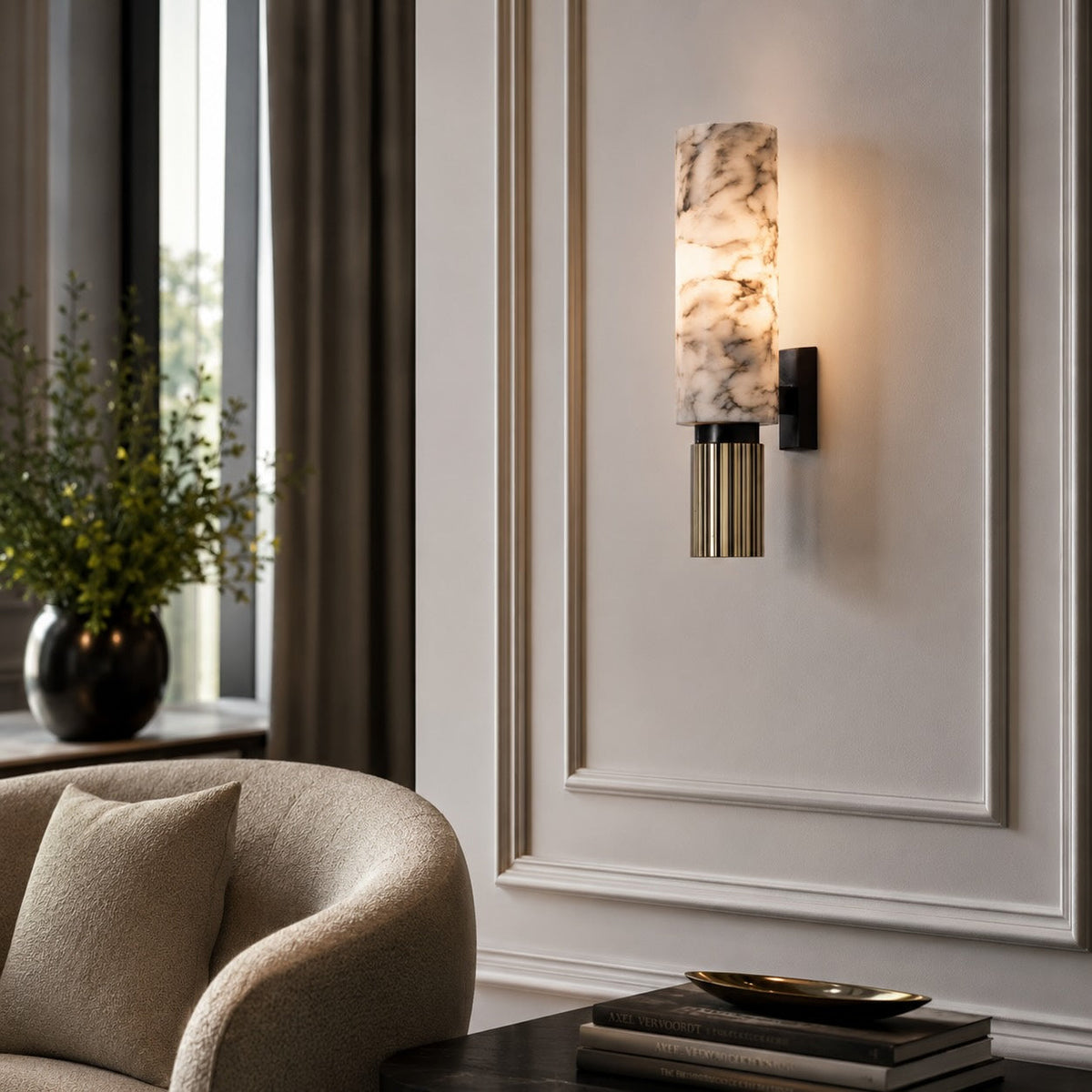 Alabaster Cylinder Wall Sconce Fluted Copper Base Natural Stone Totem Light
