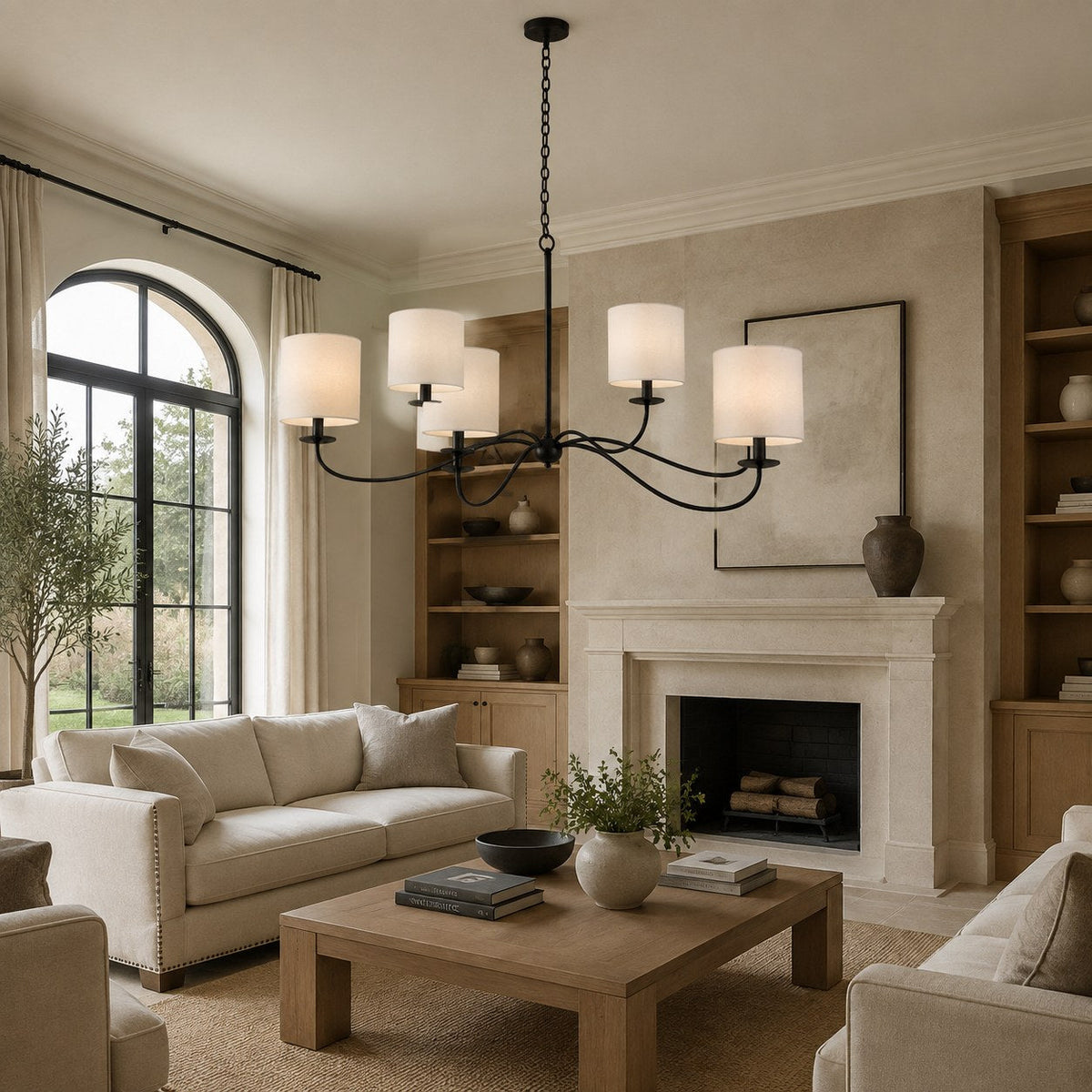 Curved Arm Six Light Chandelier 160 cm Black Brass or Nickel for Dining Room