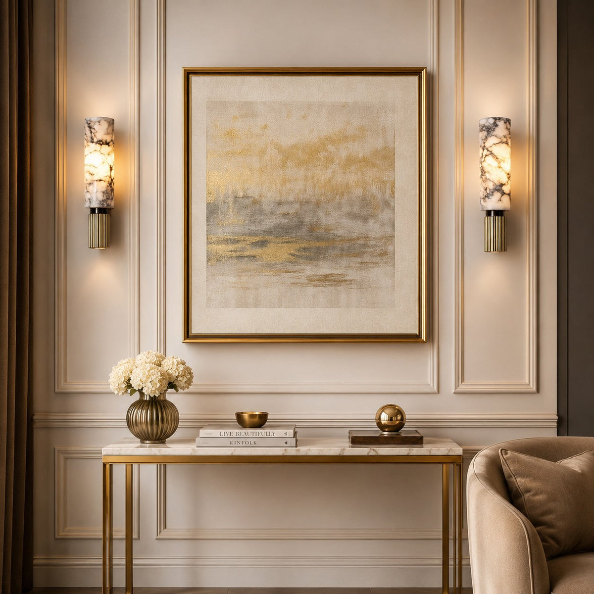 Alabaster Cylinder Wall Sconce Fluted Copper Base Natural Stone Totem Light