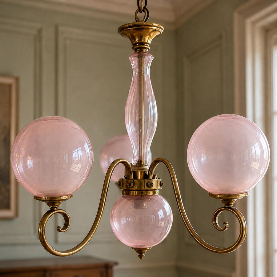 Antique Brass Glass Shade Chandelier 4 to 9 Lights in Pink Blue Clear or White
