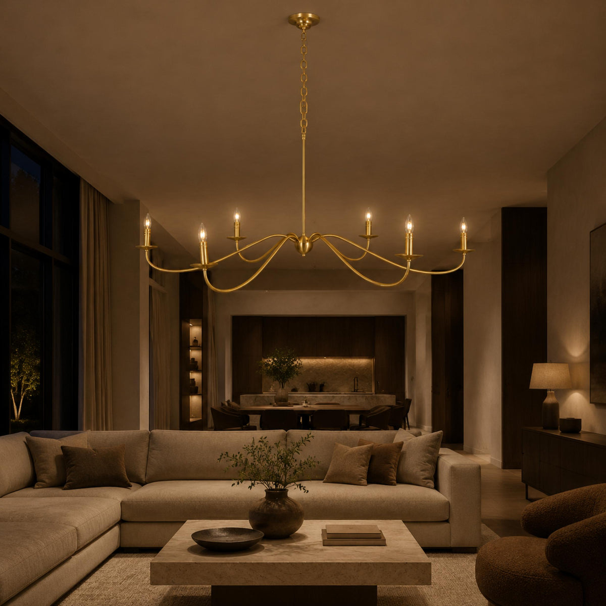 Curved Arm Six Light Chandelier 160 cm Black Brass or Nickel for Dining Room