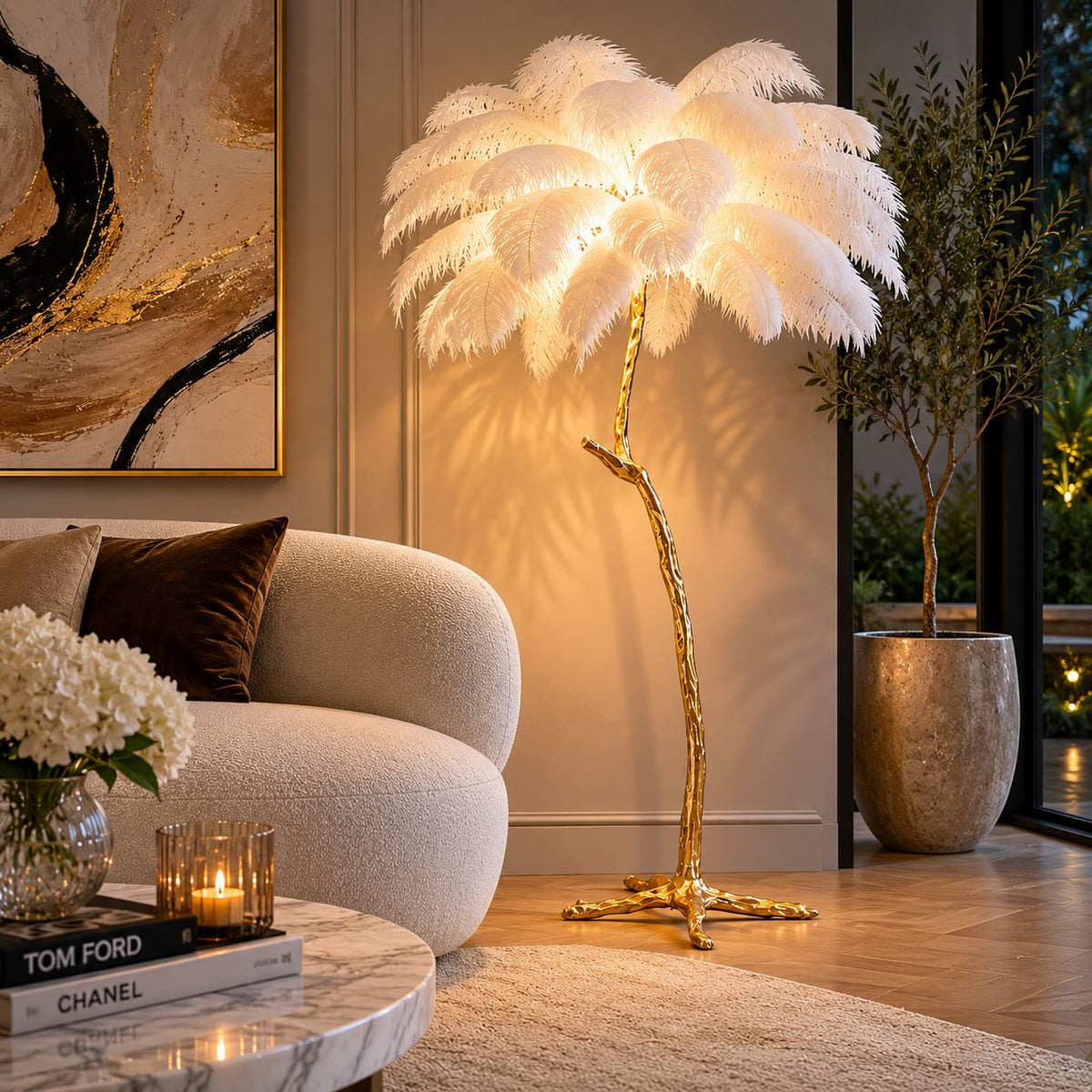 Ostrich Feather Floor Lamp with Copper Base Soft Ambient Light 120 to 200 cm