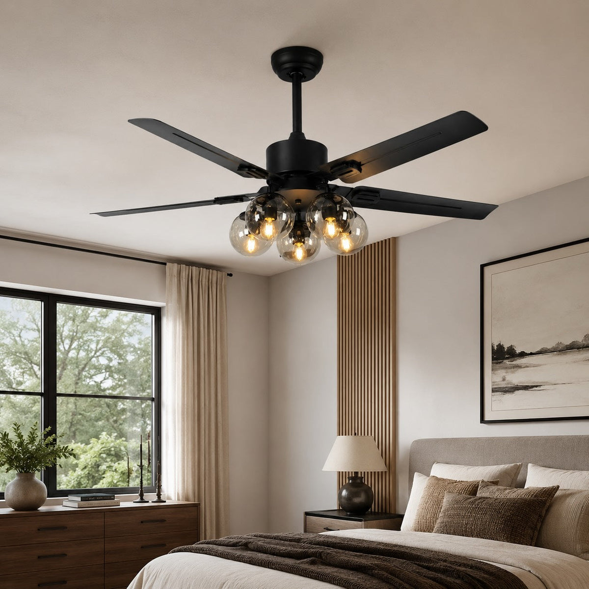Industrial Black Metal Ceiling Fan with LED Light 3-Speed in Three Sizes