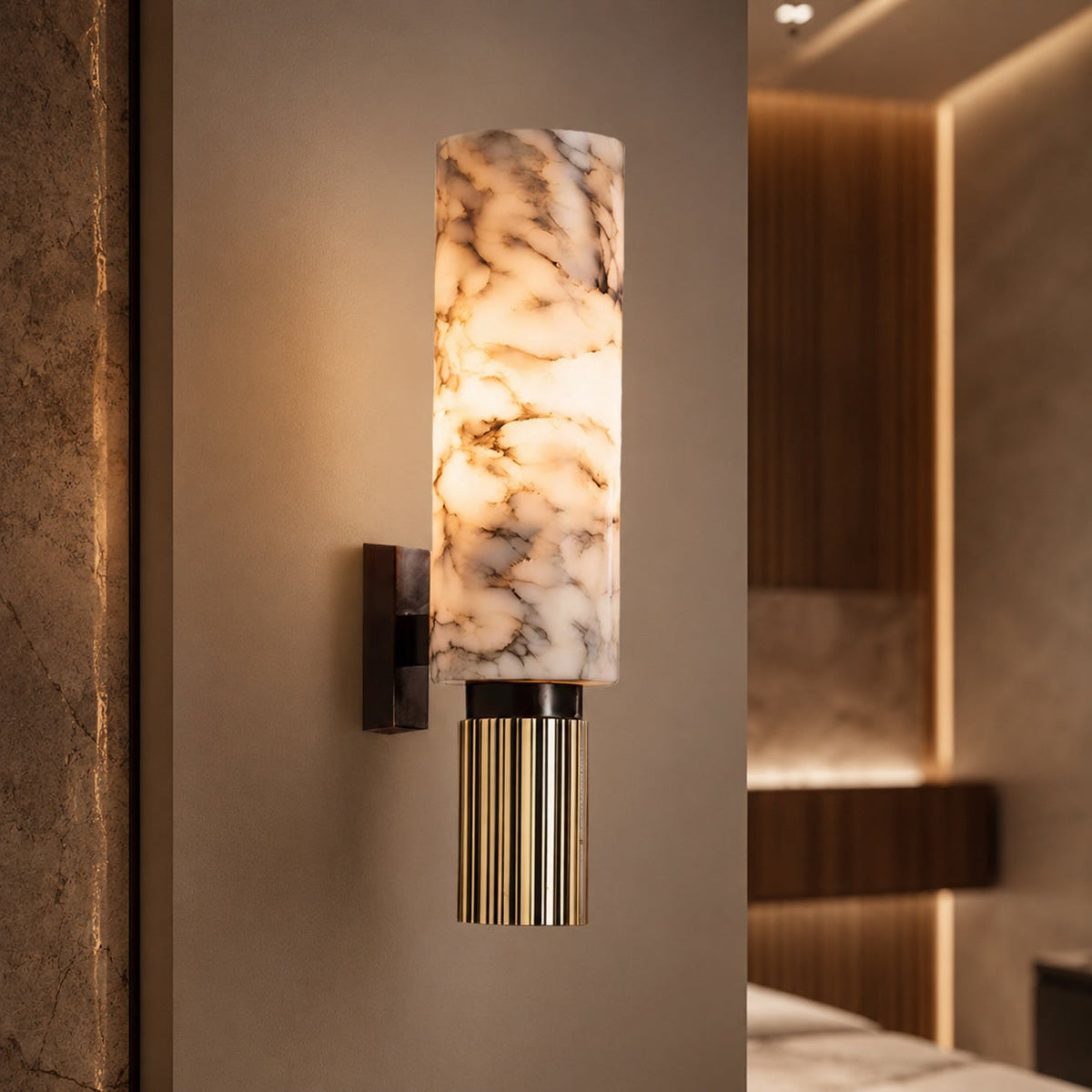 Alabaster Cylinder Wall Sconce Fluted Copper Base Natural Stone Totem Light