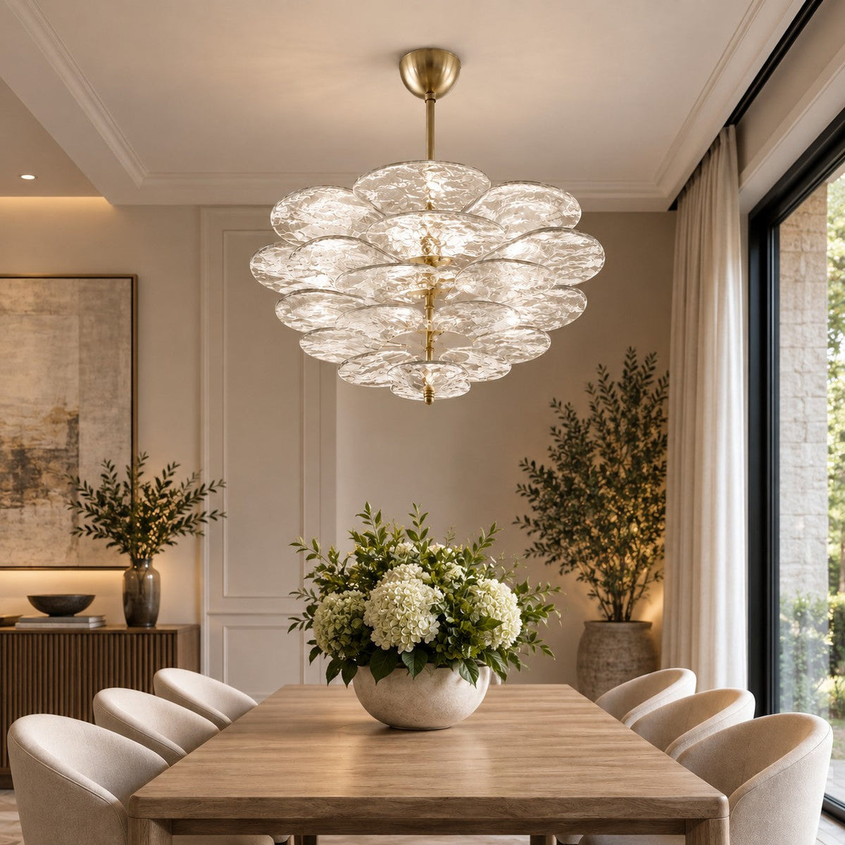 Layered Glass Leaf Chandelier in Copper with Clear Amber Pink or Green Glass
