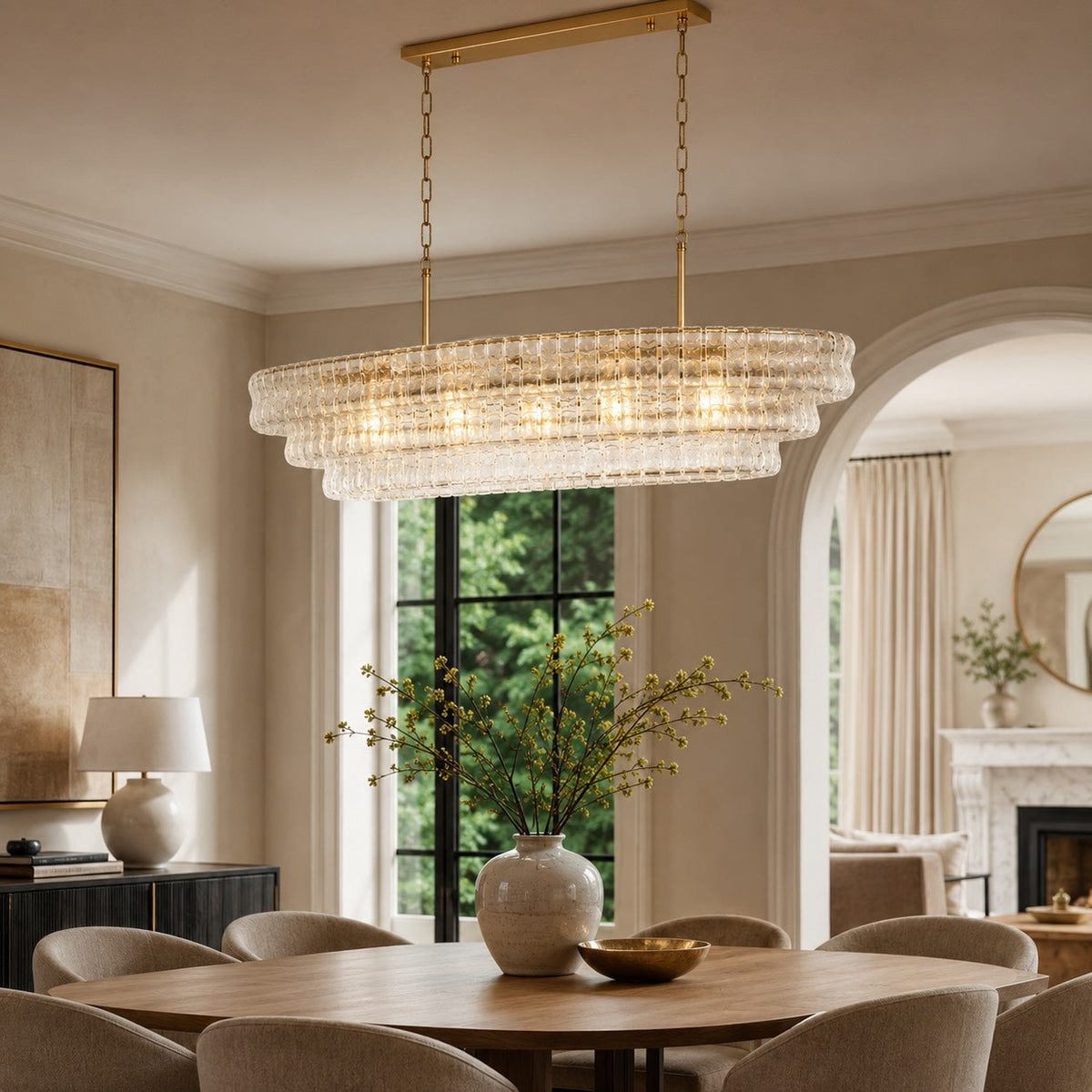 Ghiaccio Curved Textured Glass Oval Chandelier Steel 5 or 12 Light E12