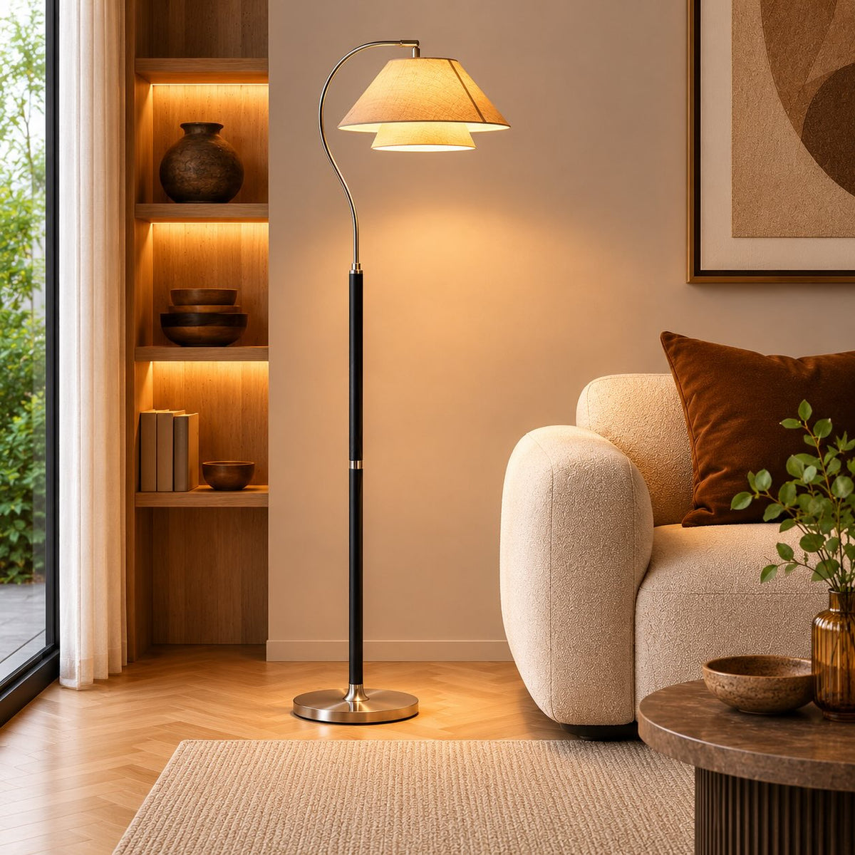 Walnut & Linen Floor Lamp with Metal Base LED for Living Room & Bedroom