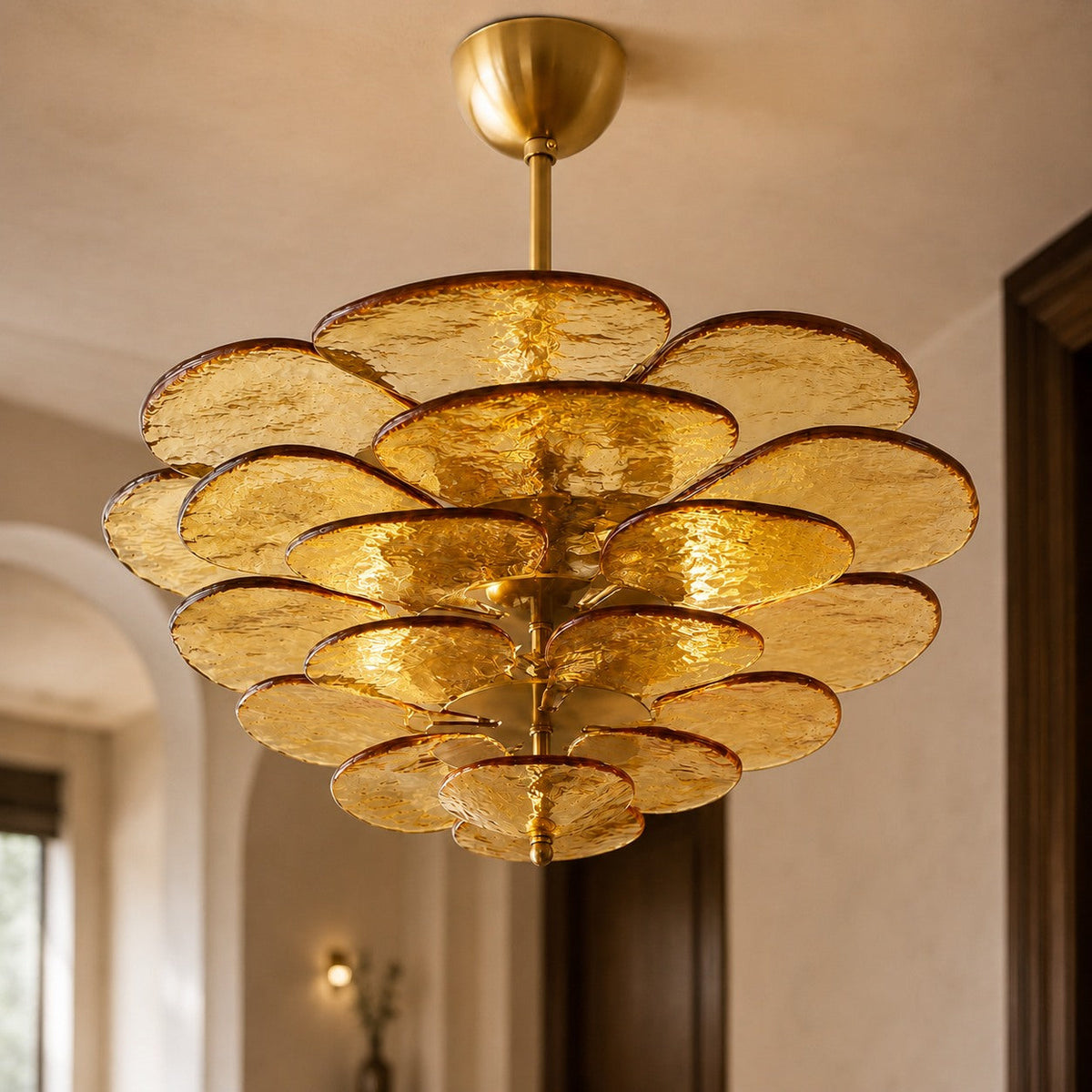 Layered Glass Leaf Chandelier in Copper with Clear Amber Pink or Green Glass