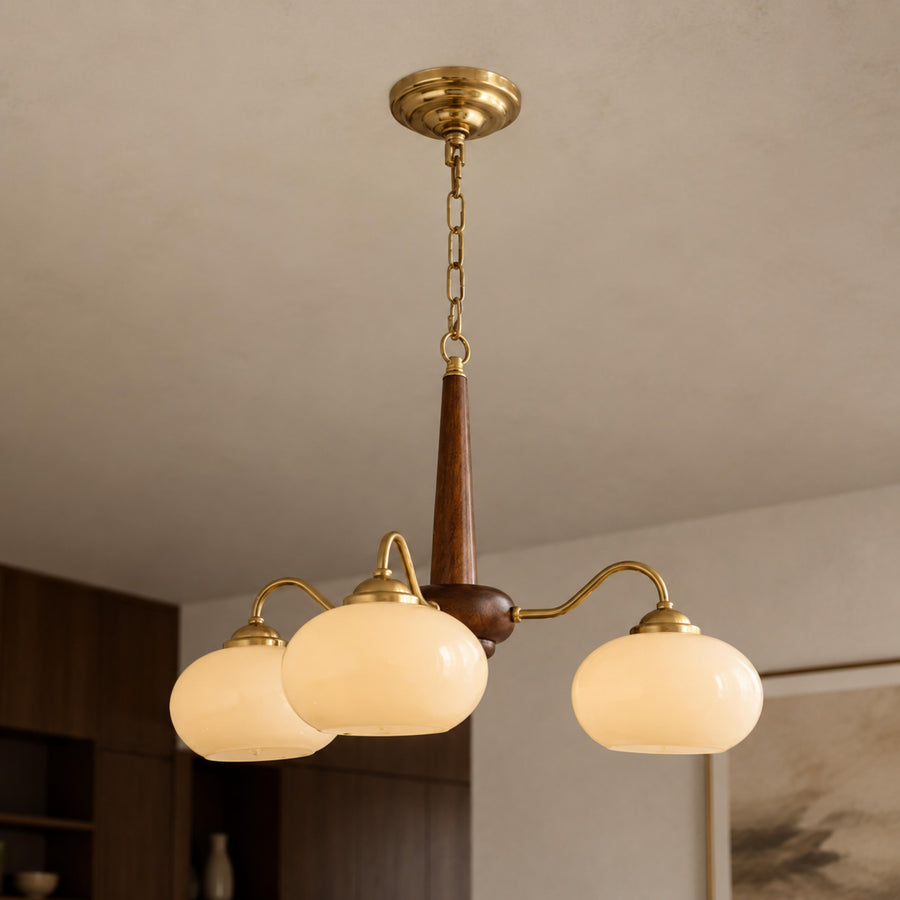 Walnut Wood & Brass Chandelier with White or Cream Glass Shades 3 to 6 Light