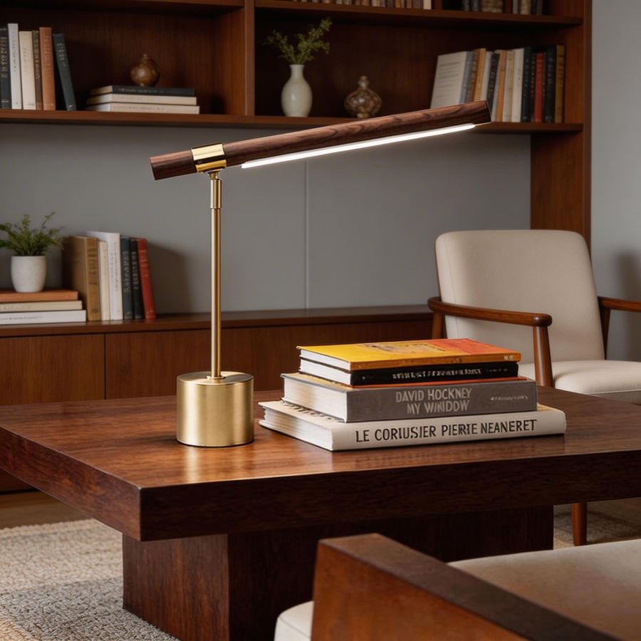 Wood & Brass Linear LED Desk Lamp with USB Charging Port 3 Colour Temperatures