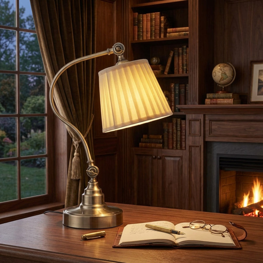Arched Iron Desk Lamp with Linen Shade White Industrial E27 Reading Lamp