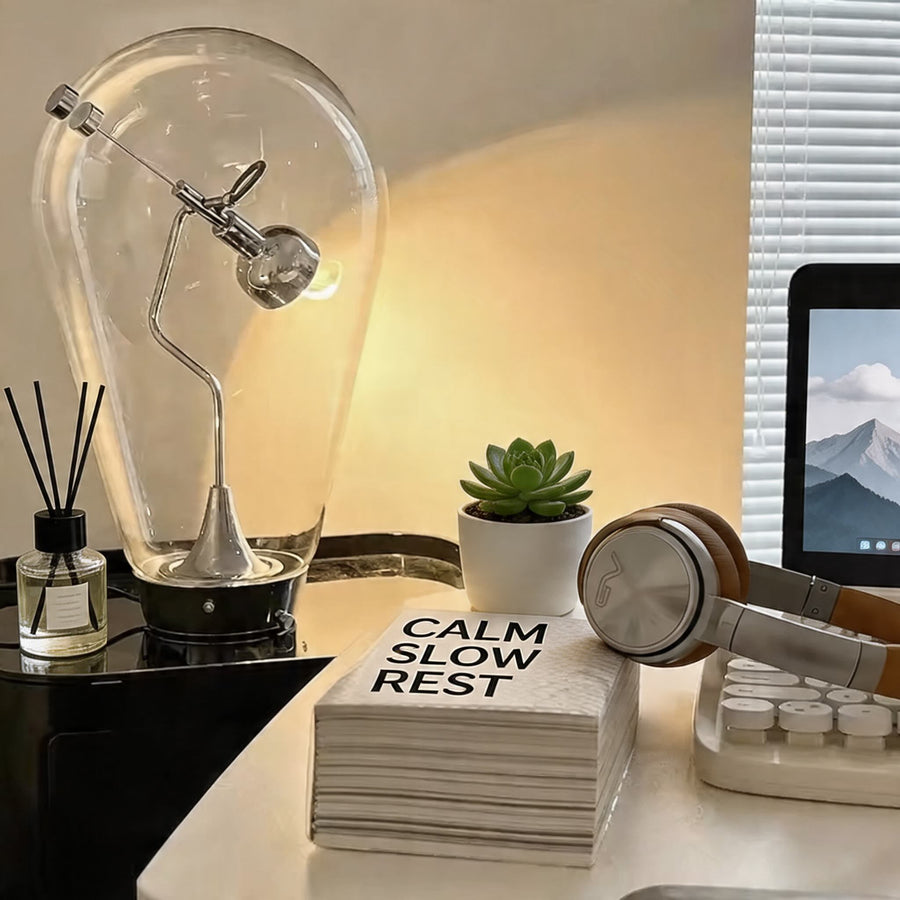Glass Bulb Desk Lamp with Magnetic Touch Dimmer on Black Iron Base
