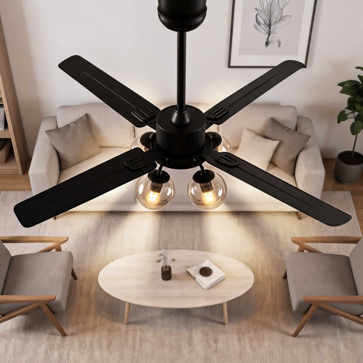 Industrial Black Metal Ceiling Fan with LED Light 3-Speed in Three Sizes