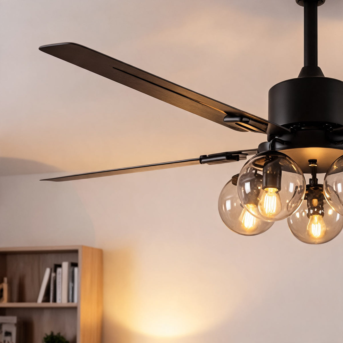 Industrial Black Metal Ceiling Fan with LED Light 3-Speed in Three Sizes