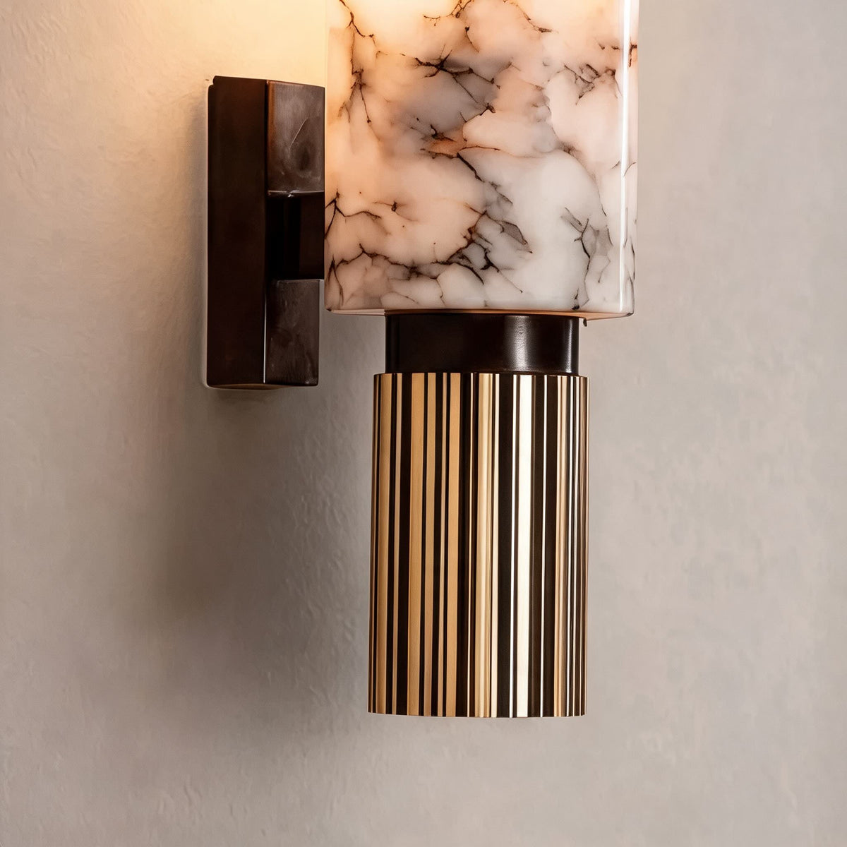 Alabaster Cylinder Wall Sconce Fluted Copper Base Natural Stone Totem Light