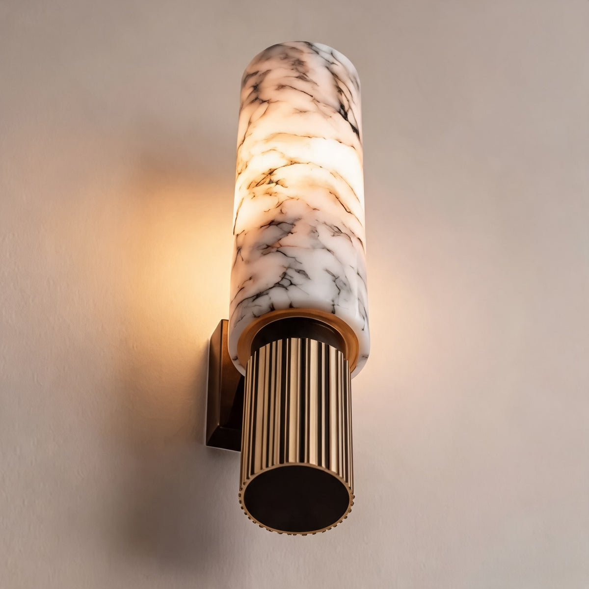 Alabaster Cylinder Wall Sconce Fluted Copper Base Natural Stone Totem Light
