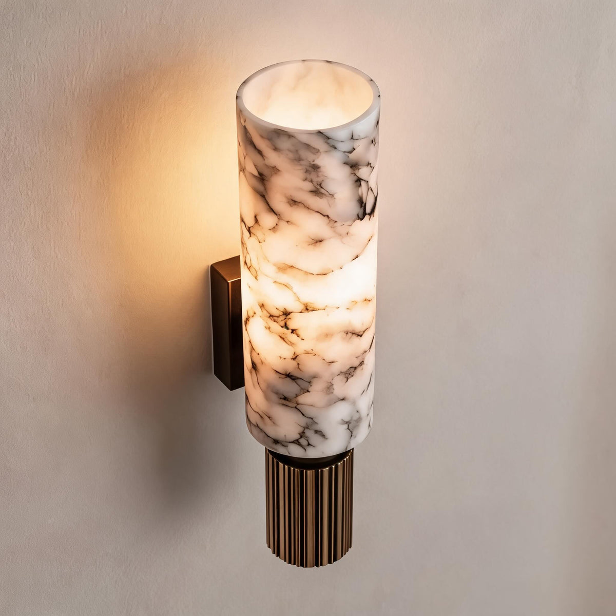 Alabaster Cylinder Wall Sconce Fluted Copper Base Natural Stone Totem Light