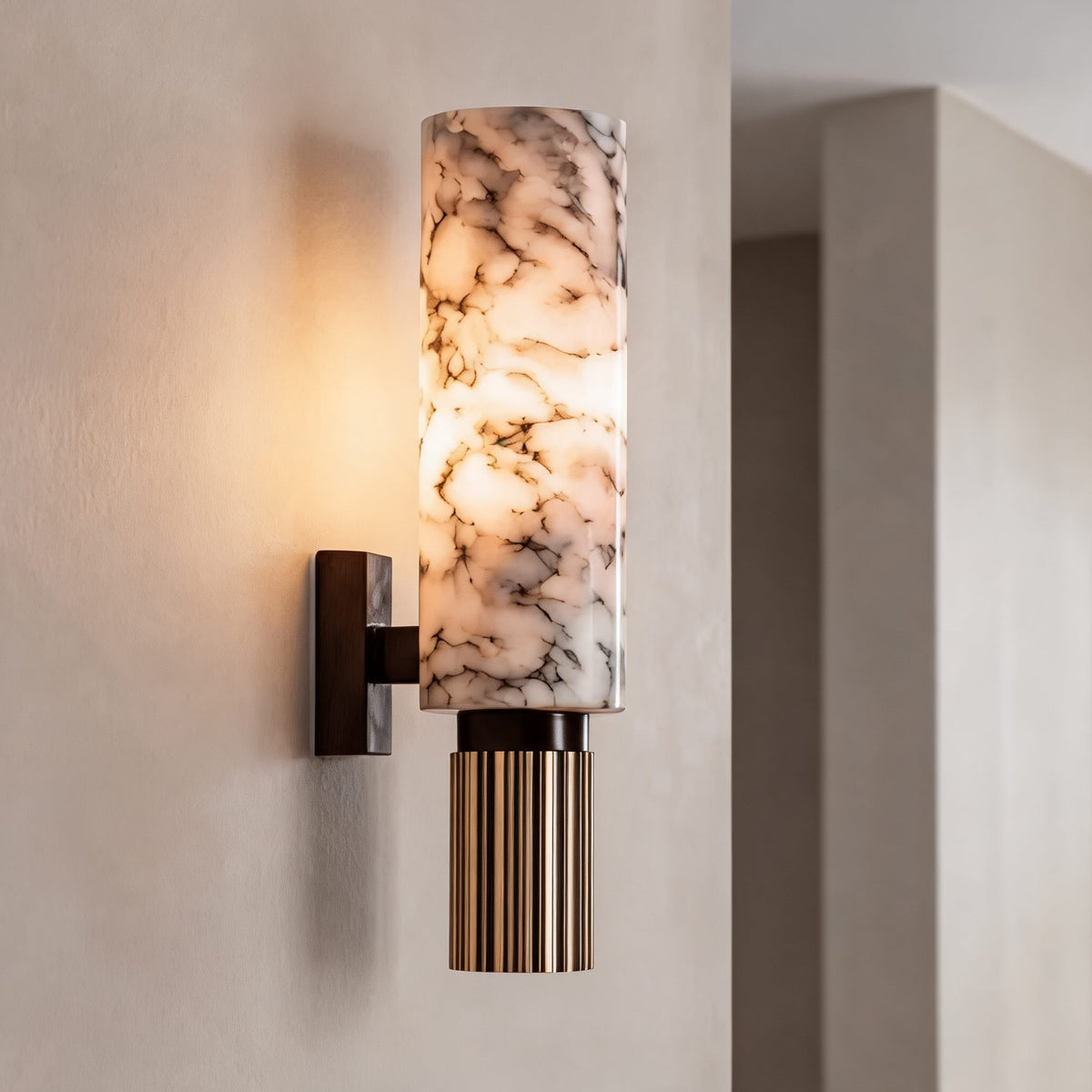 Alabaster Cylinder Wall Sconce Fluted Copper Base Natural Stone Totem Light