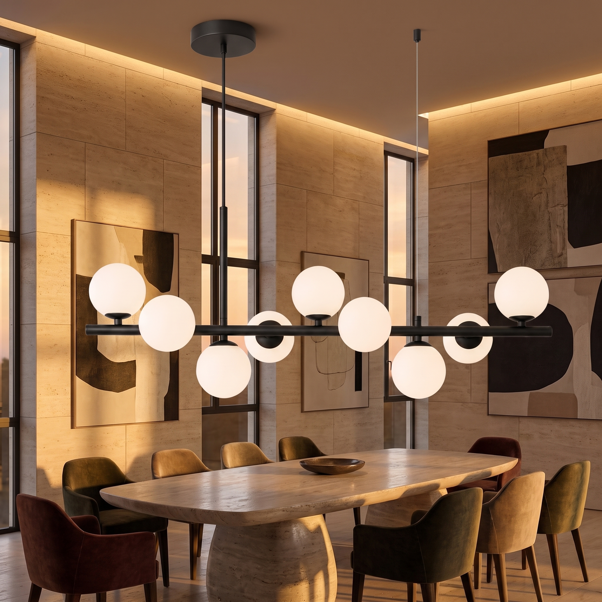 Globe Chandelier - 9 Lights Milky White Black