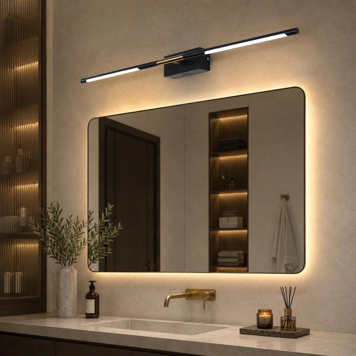 Gold Accent Black Acrylic Vanity Light Bar LED Soft Glow Hotel Style 60 or 100cm