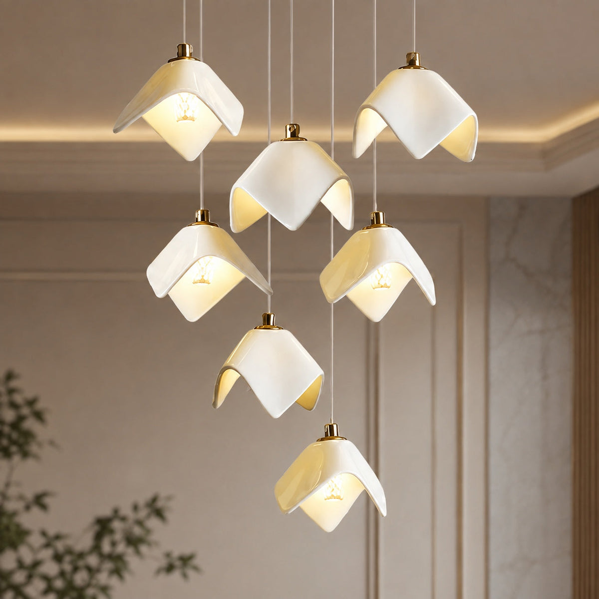 Ceramic Petal Cascade Chandelier Gold Iron Adjustable LED 7 to 64 Light