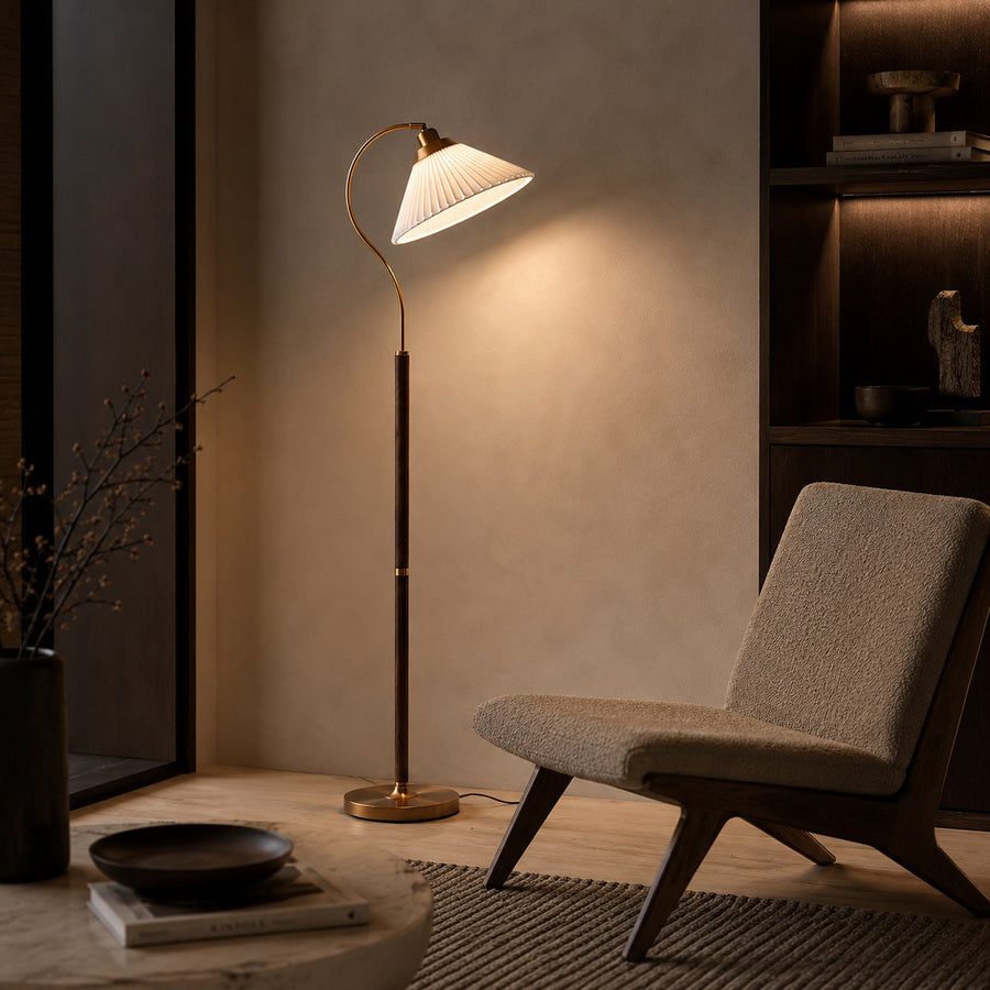 Pleated Umbrella Shade Floor Lamp with Walnut Timber Base & Foot Switch