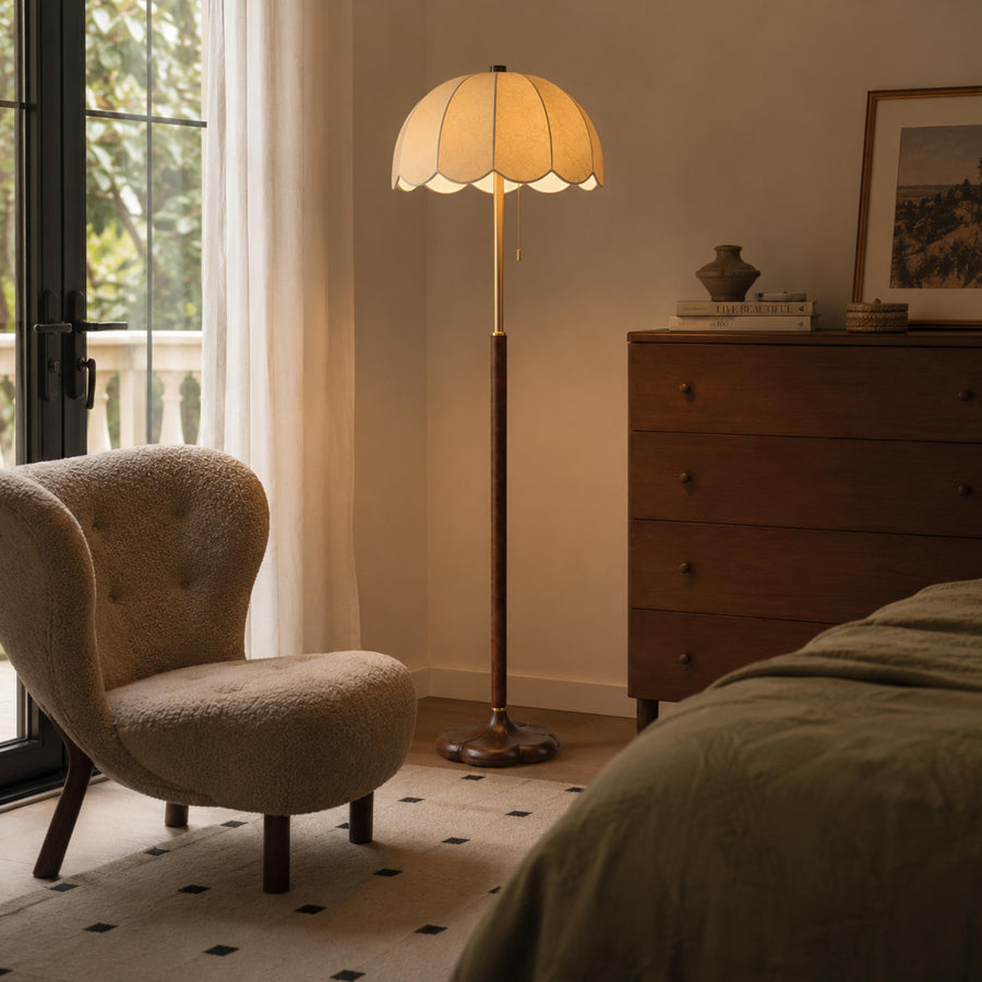 Walnut Timber Floor Lamp with Fabric Shade & Foot Switch for Living Room