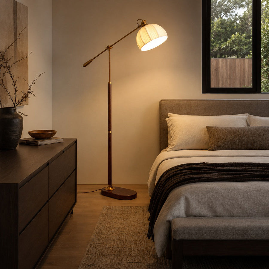 Industrial Arm Floor Lamp with Pleated Dome Shade Height Adjustable