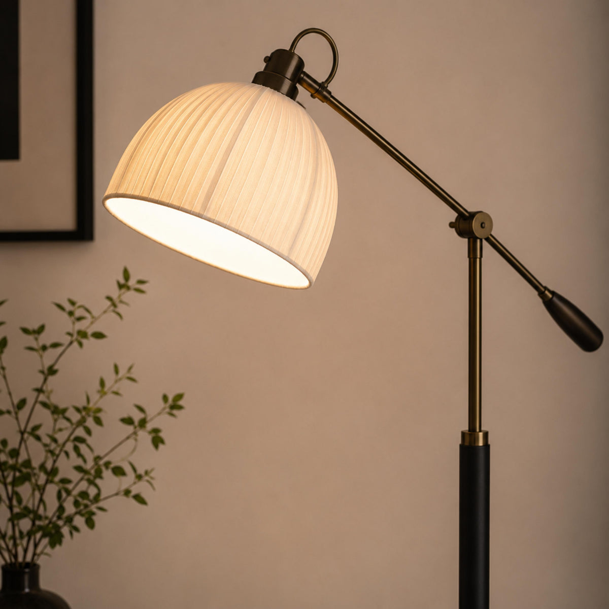 Industrial Arm Floor Lamp with Pleated Dome Shade Height Adjustable