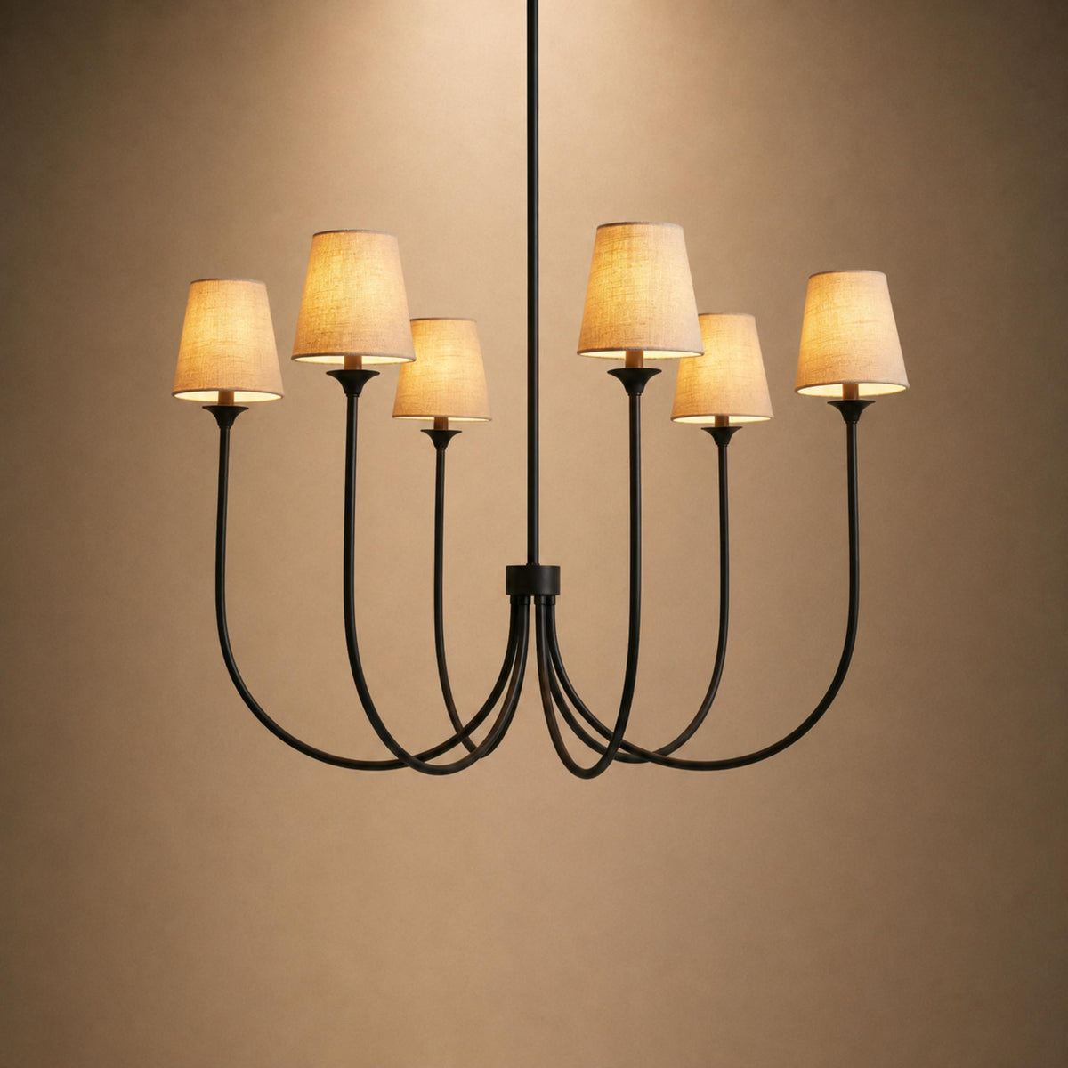 Off-White Shade Round Chandelier in Brass or Bronze 106 to 173 cm for Dining