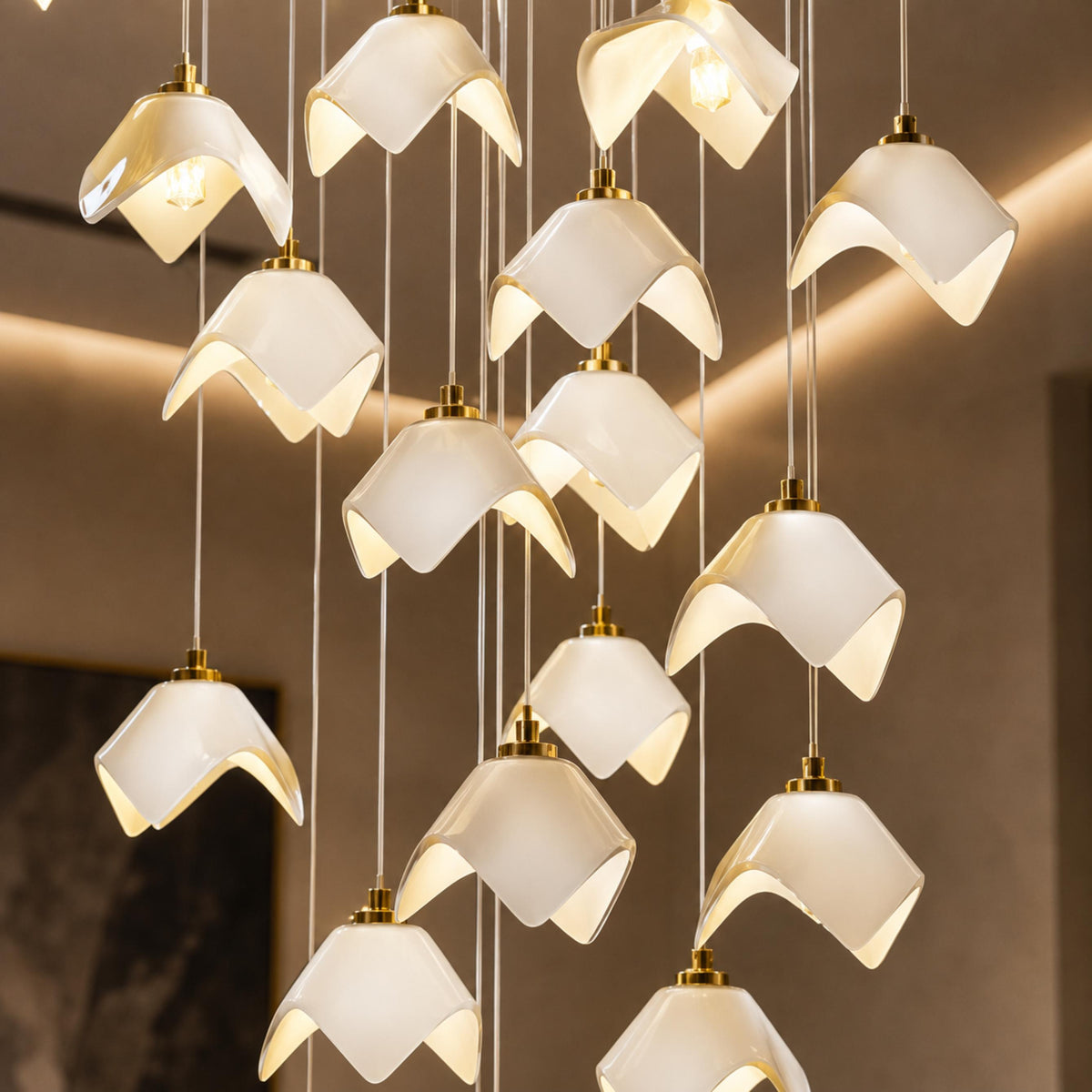 Ceramic Petal Cascade Chandelier Gold Iron Adjustable LED 7 to 64 Light