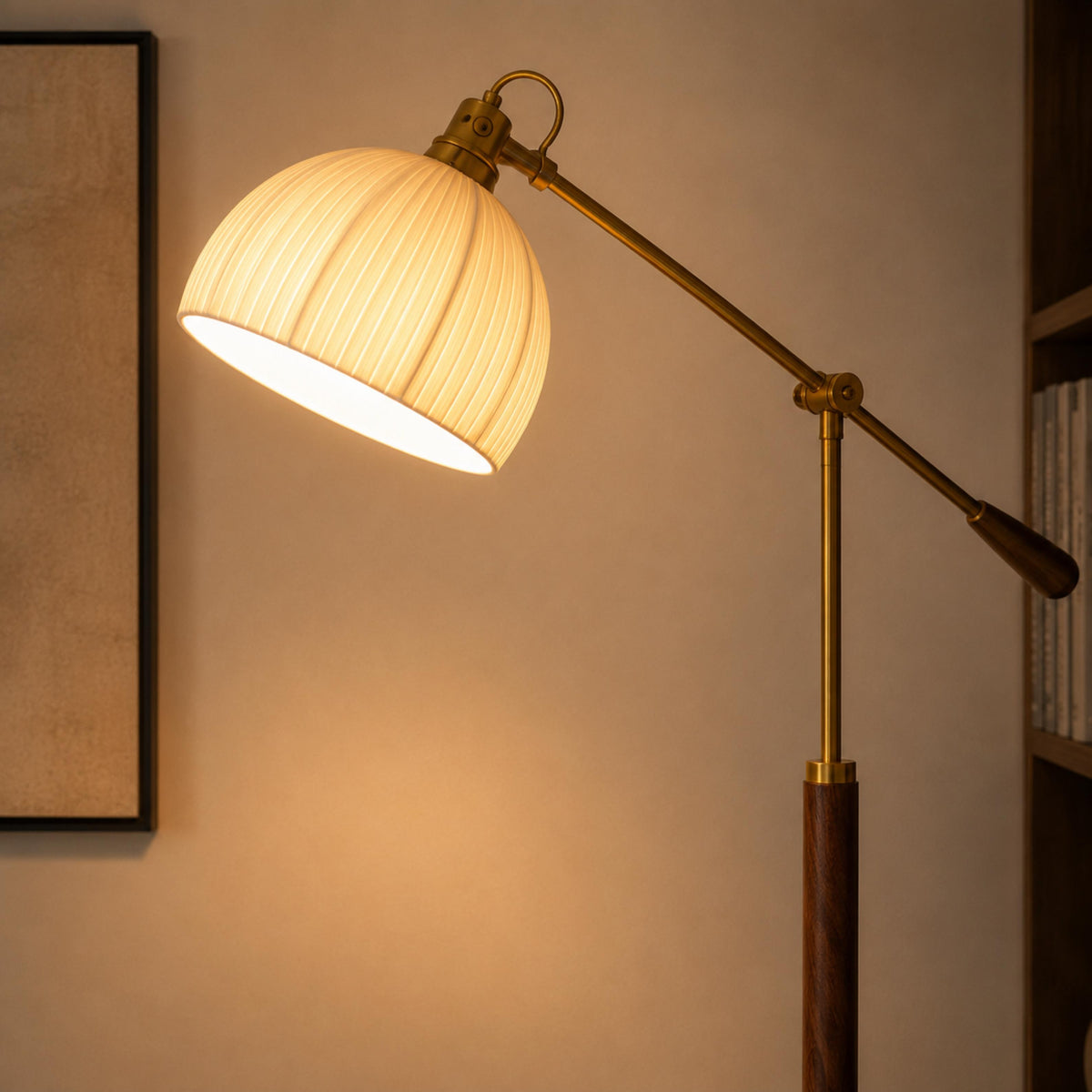Industrial Arm Floor Lamp with Pleated Dome Shade Height Adjustable