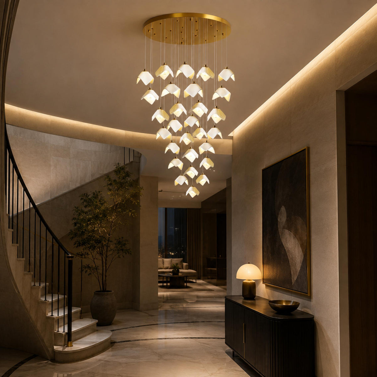 Ceramic Petal Cascade Chandelier Gold Iron Adjustable LED 7 to 64 Light
