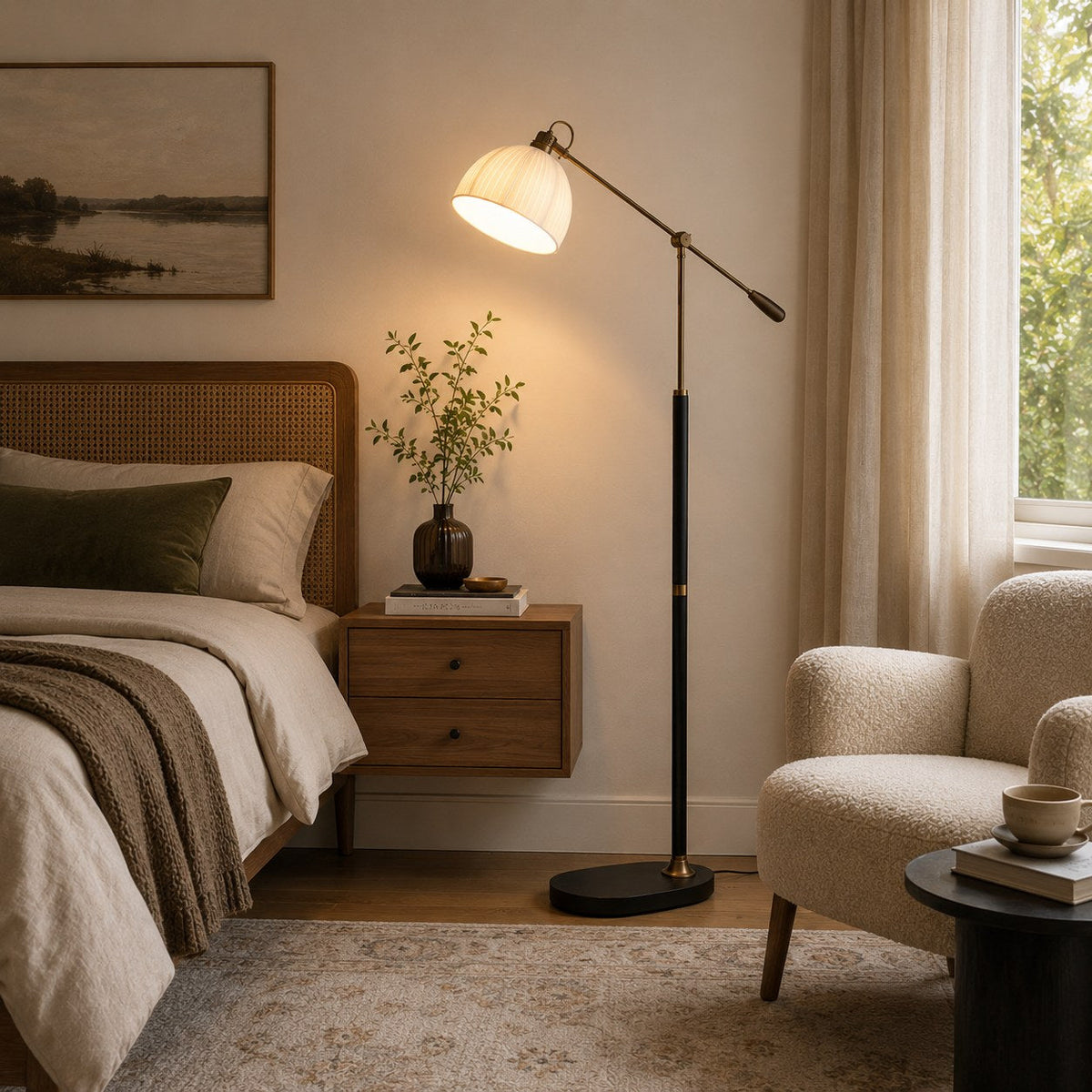 Industrial Arm Floor Lamp with Pleated Dome Shade Height Adjustable